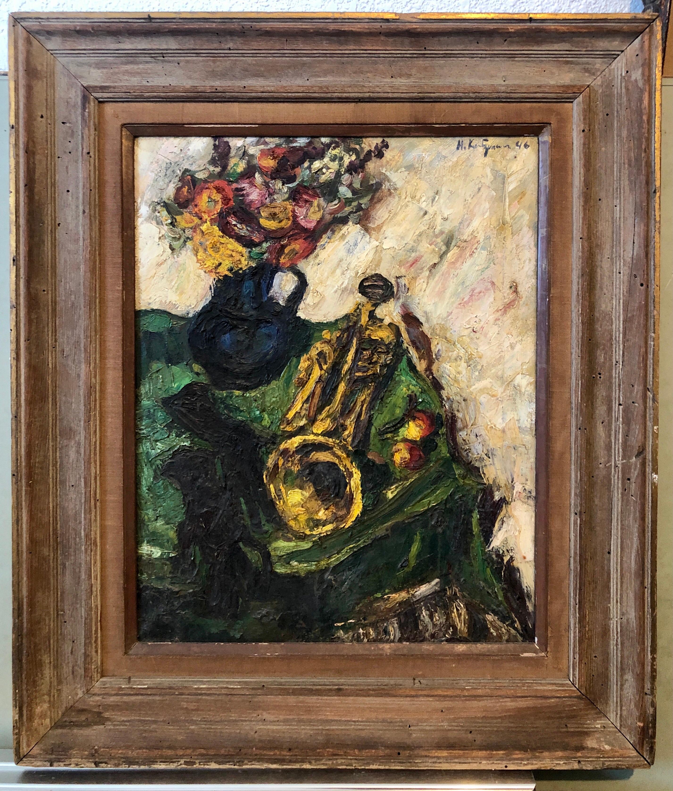 1950's Expressionist Interior Oil Painting Still Life with Flowers and Trumpet For Sale 4