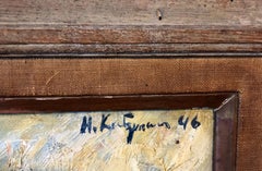 1950's Expressionist Interior Oil Painting Still Life with Flowers and Trumpet