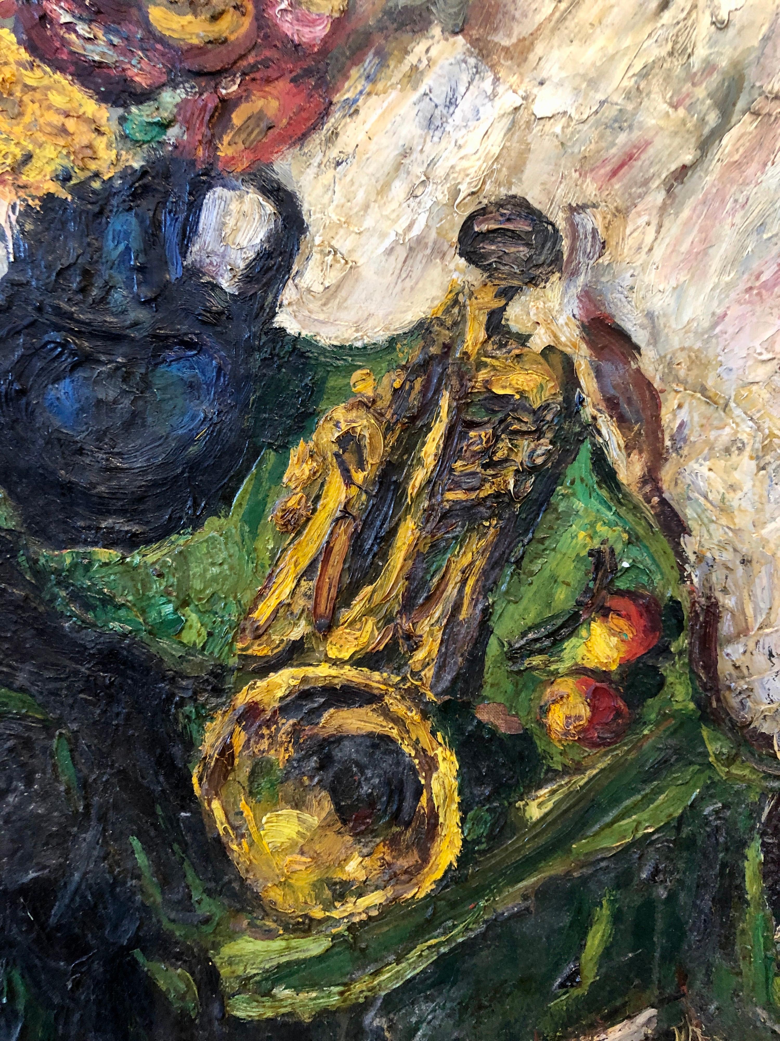 1950's Expressionist Interior Oil Painting Still Life with Flowers and Trumpet For Sale 2