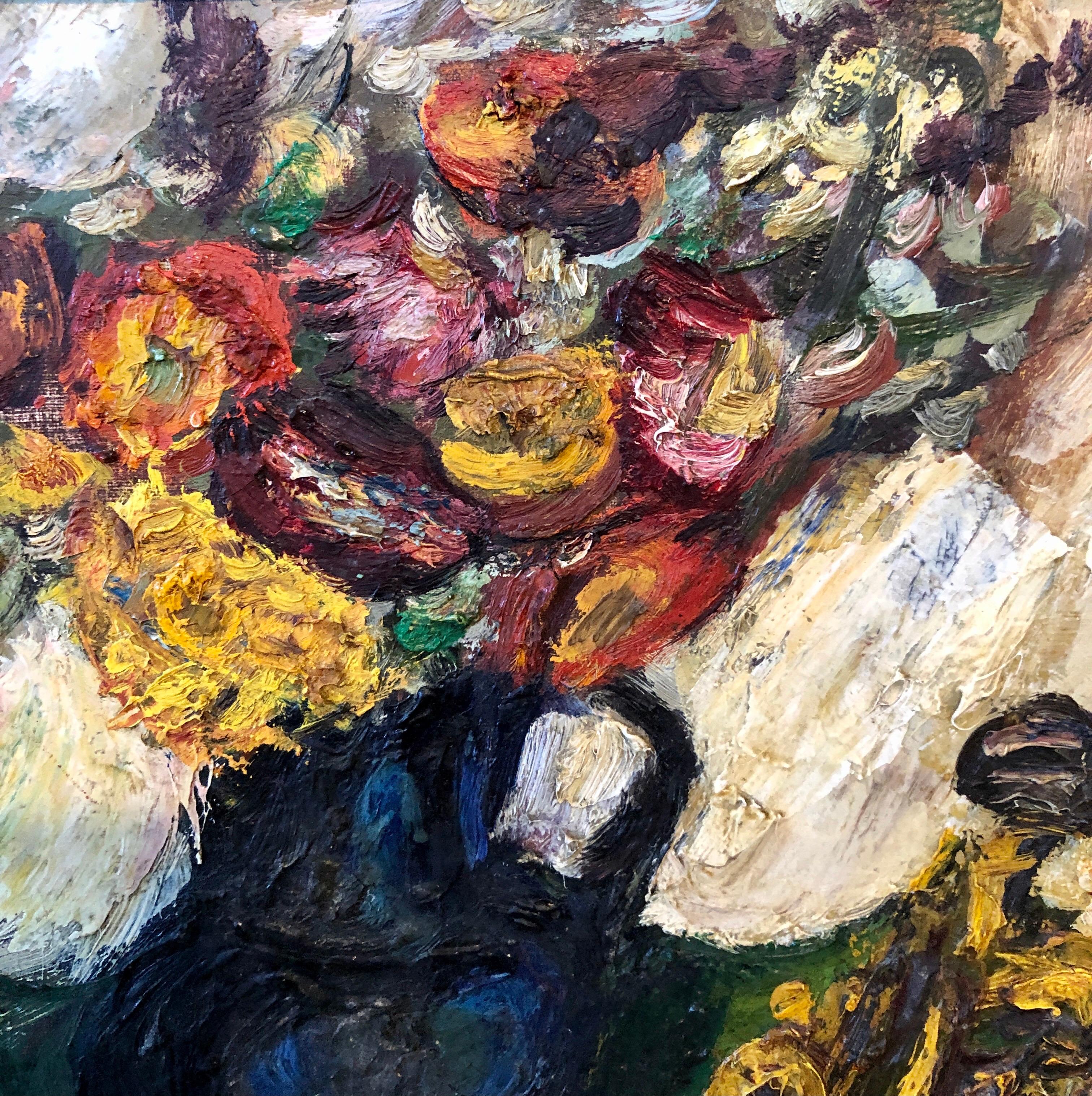 1950's Expressionist Interior Oil Painting Still Life with Flowers and Trumpet For Sale 3