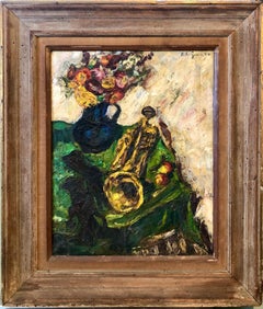 Pintura al óleo expresionista de interiores de los años 50 Naturaleza muerta con flores y trompeta
