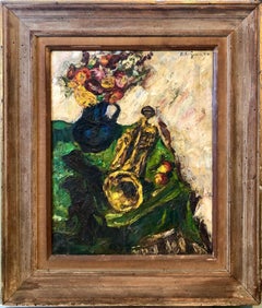 Peinture à l'huile expressionniste d'intérieur des années 1950 avec fleurs et trompette