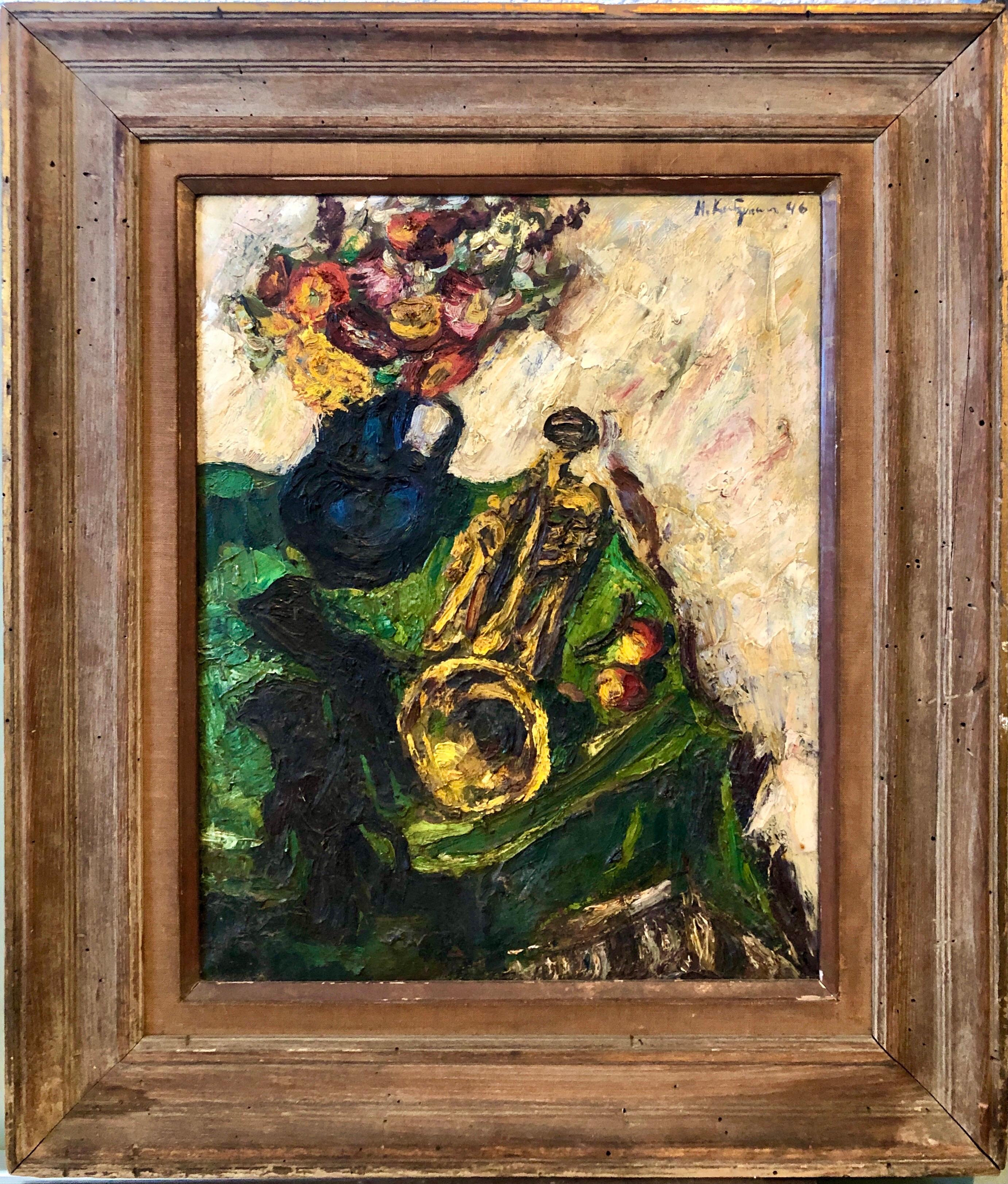 Herbert Katzman Interior Painting - 1950's Expressionist Interior Oil Painting Still Life with Flowers and Trumpet