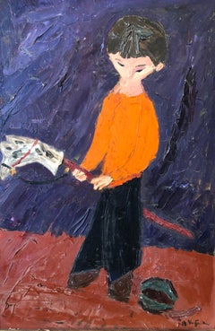 Boy Playing With Hobby Horse & Ball 1950's Expressionist Oil Painting Americana