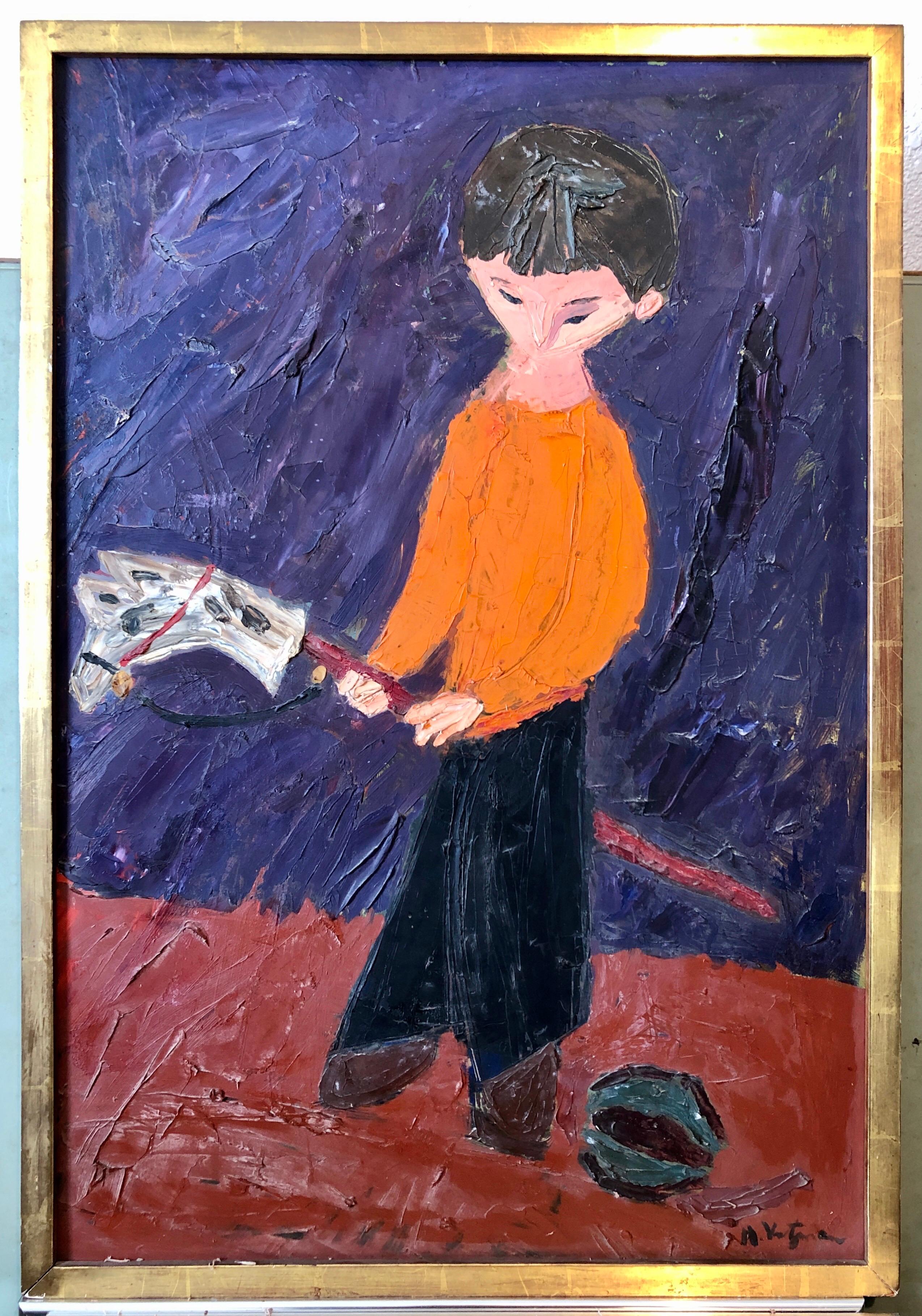 Herbert Katzman (American artist active in New york, Illinois and Italy 1923 - 2004) oil painting on masonite board depicting a young boy in a bold orange sweater on a hobby horse, pogo stick and ball.  Signed lower right recto.  Mounted in a gold