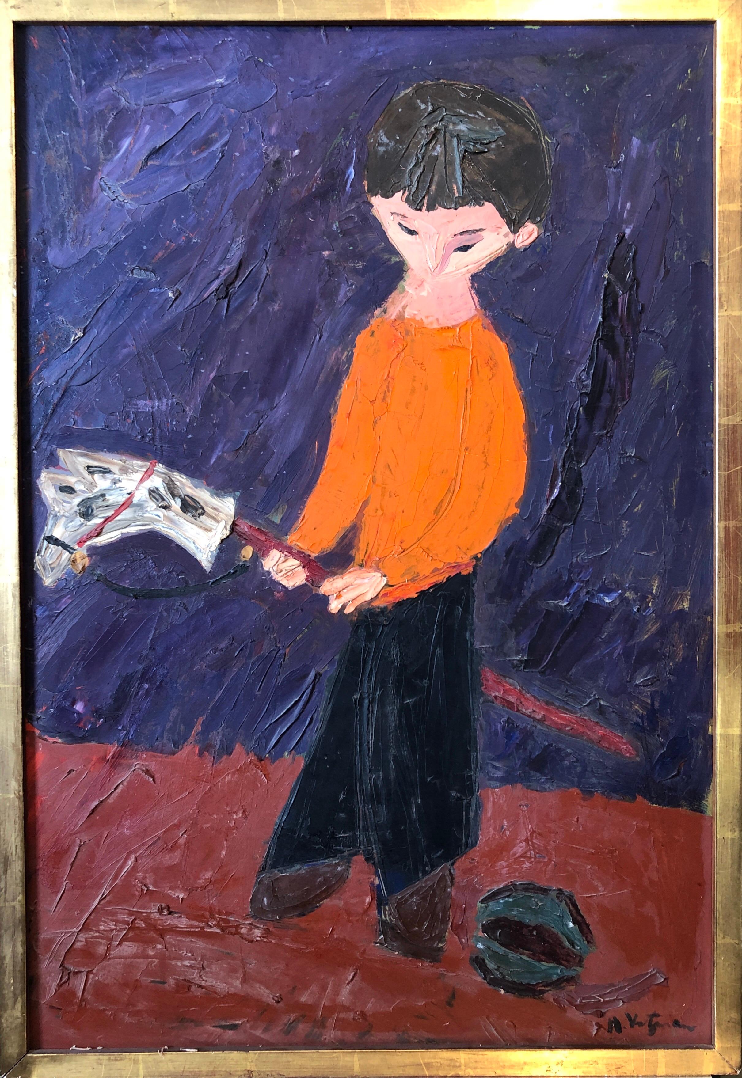 Herbert Katzman Figurative Painting - Boy Playing With Hobby Horse & Ball 1950's Expressionist Oil Painting Americana 