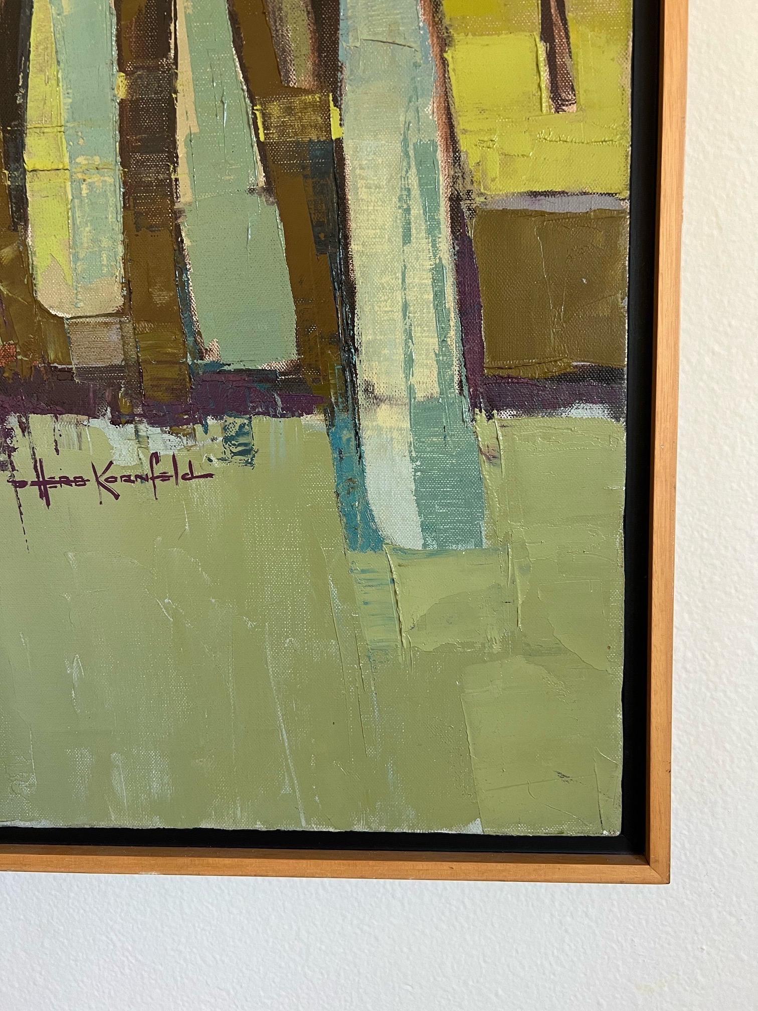 Pintura al óleo californiana modernista - Pintura al óleo del muelle de la playa del sur de California - Abstract Painting Marrón de Herbert Kornfeld