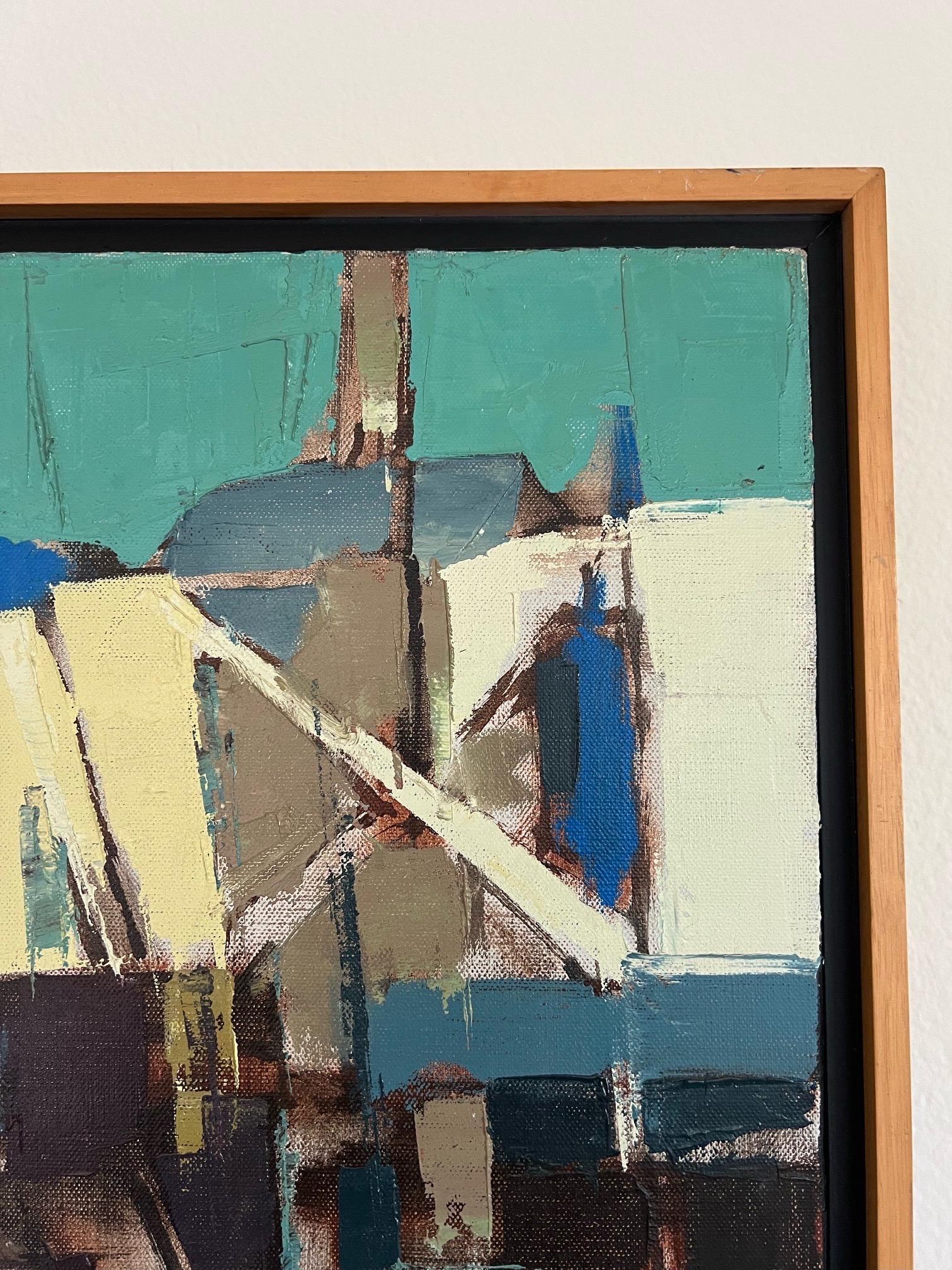 Pintura al óleo californiana modernista - Pintura al óleo del muelle de la playa del sur de California en venta 1