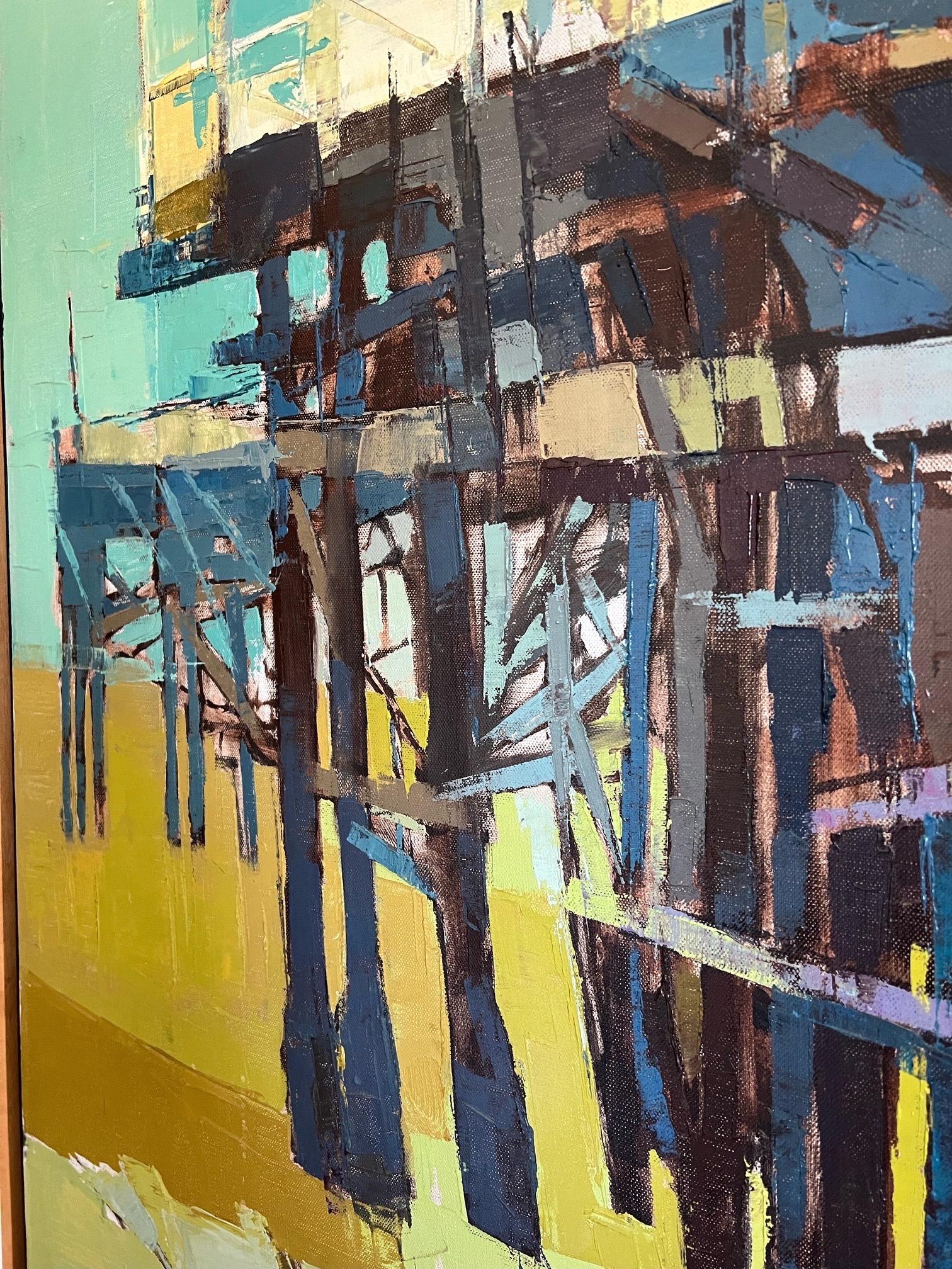 Pintura al óleo californiana modernista - Pintura al óleo del muelle de la playa del sur de California en venta 4