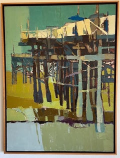 Pintura al óleo californiana modernista - Pintura al óleo del muelle de la playa del sur de California