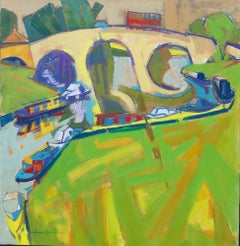 Mid Century Modernist Oil Painting “Toll Bridge from Up River Thames", England