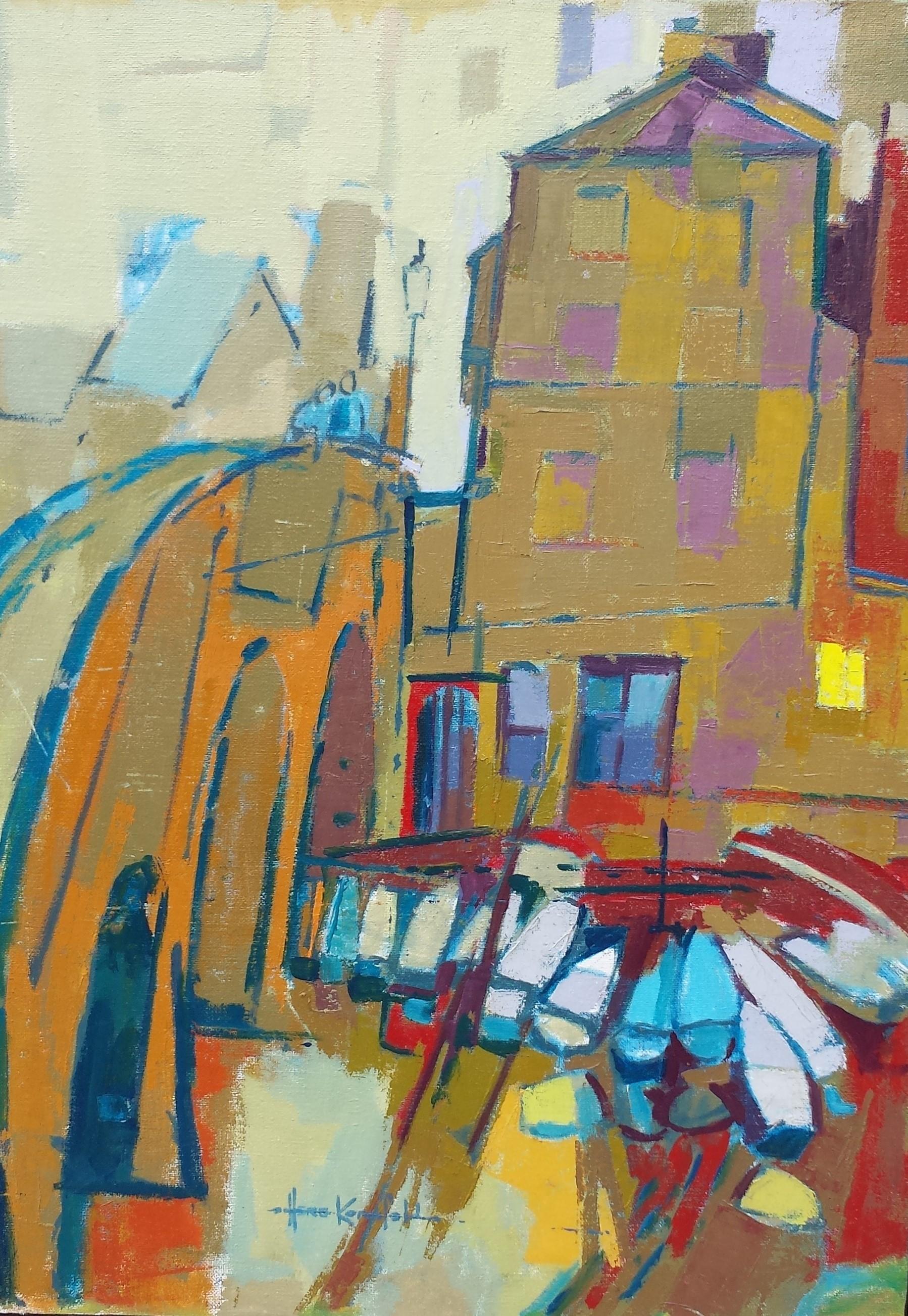 Modernist Oil on Canvas - #1100 Rental Boat by Bridge, Oxford, England - Painting by Herbert Kornfeld