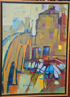 Modernist Oil on Canvas - #1100 Rental Boat by Bridge, Oxford, England