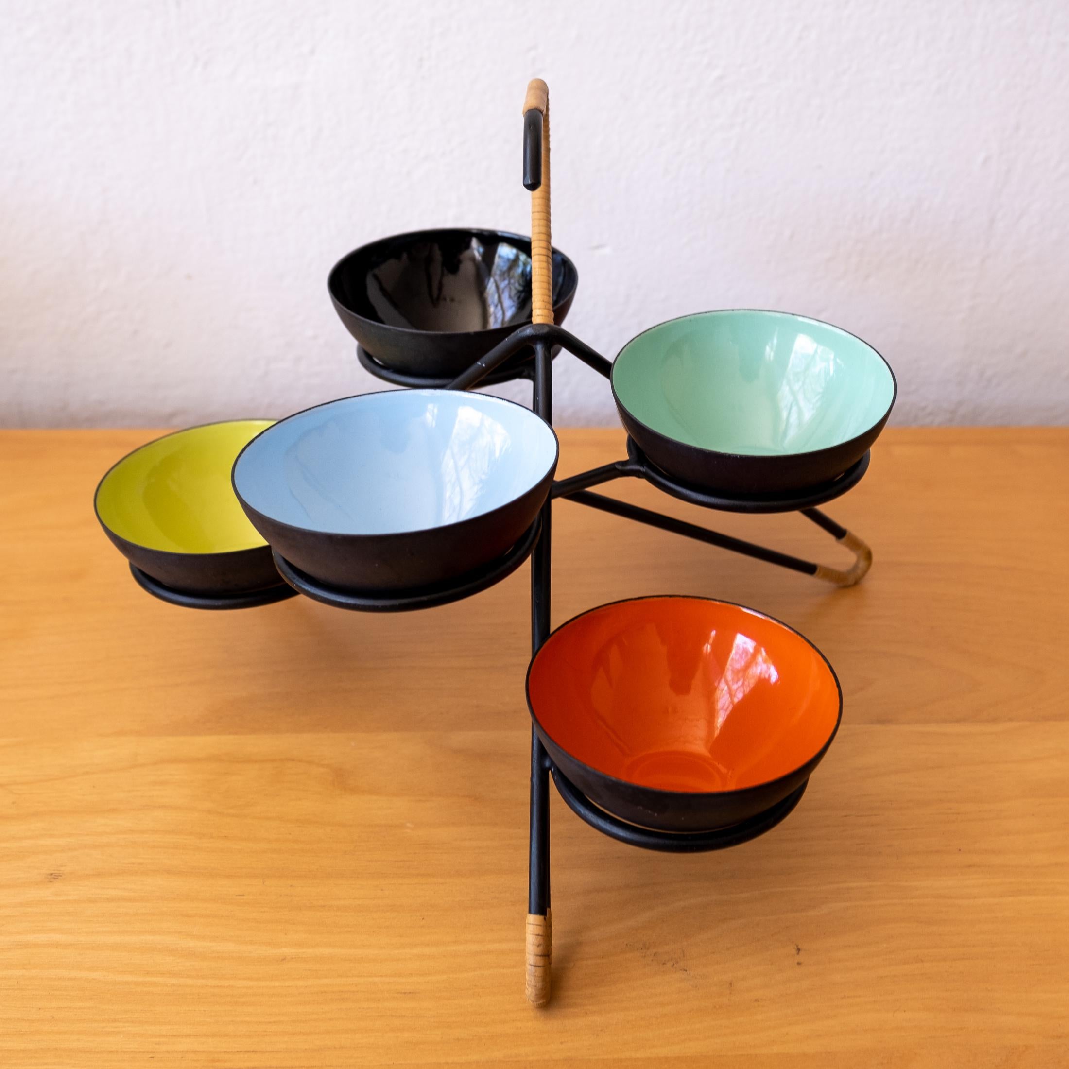 Herbert Krenchel Krenit Enamel Bowls Metal Stand with Wrapped Cane In Good Condition In San Diego, CA