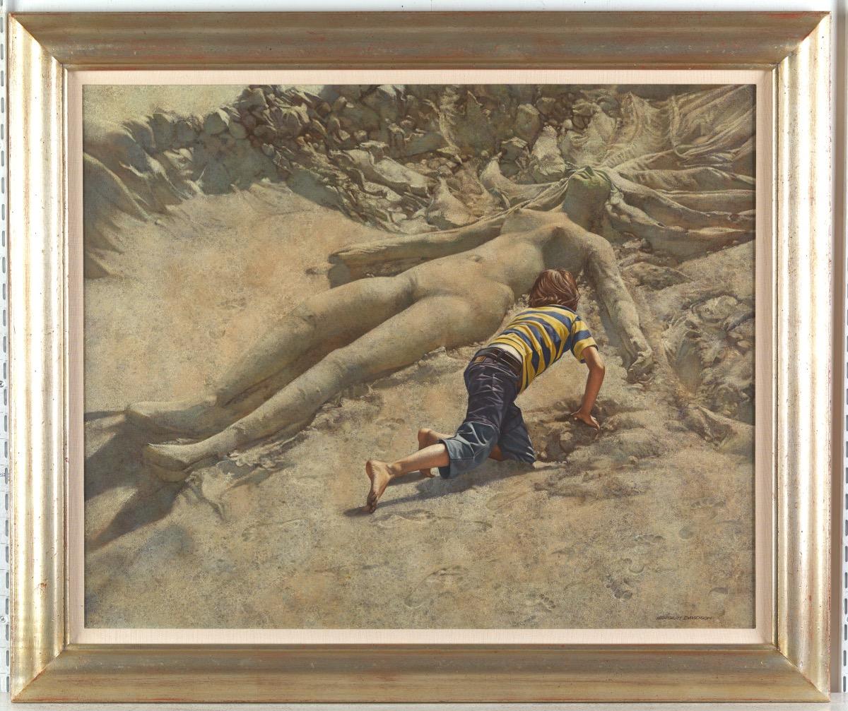 Beach Discovery Öl/c Magical Realism - Nackte Frau, Sandskulptur & Junge 1970er Jahre – Painting von Herbert Laurence Davidson 