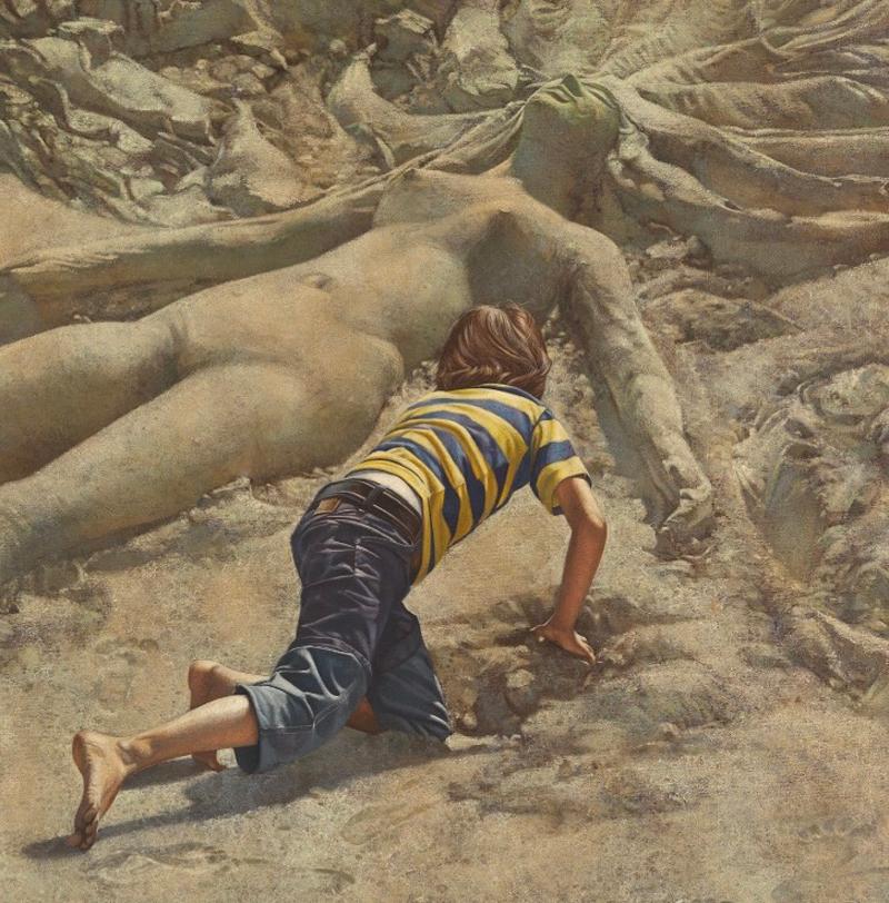 Beach Discovery oil/c Magical Realism - Nude Woman, Sand Sculpture & Boy 1970s For Sale 2