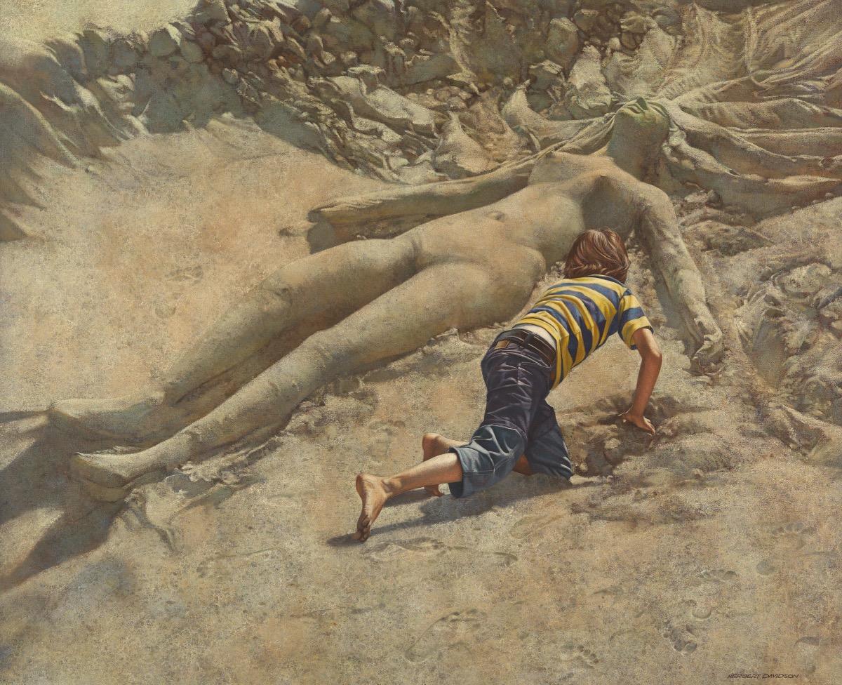 Herbert Laurence Davidson  Figurative Painting – Beach Discovery Öl/c Magical Realism - Nackte Frau, Sandskulptur & Junge 1970er Jahre