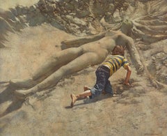 Herbert Davidson Realismo mágico Niño encuentra mujer desnuda Escultura de arena Playa Años 70