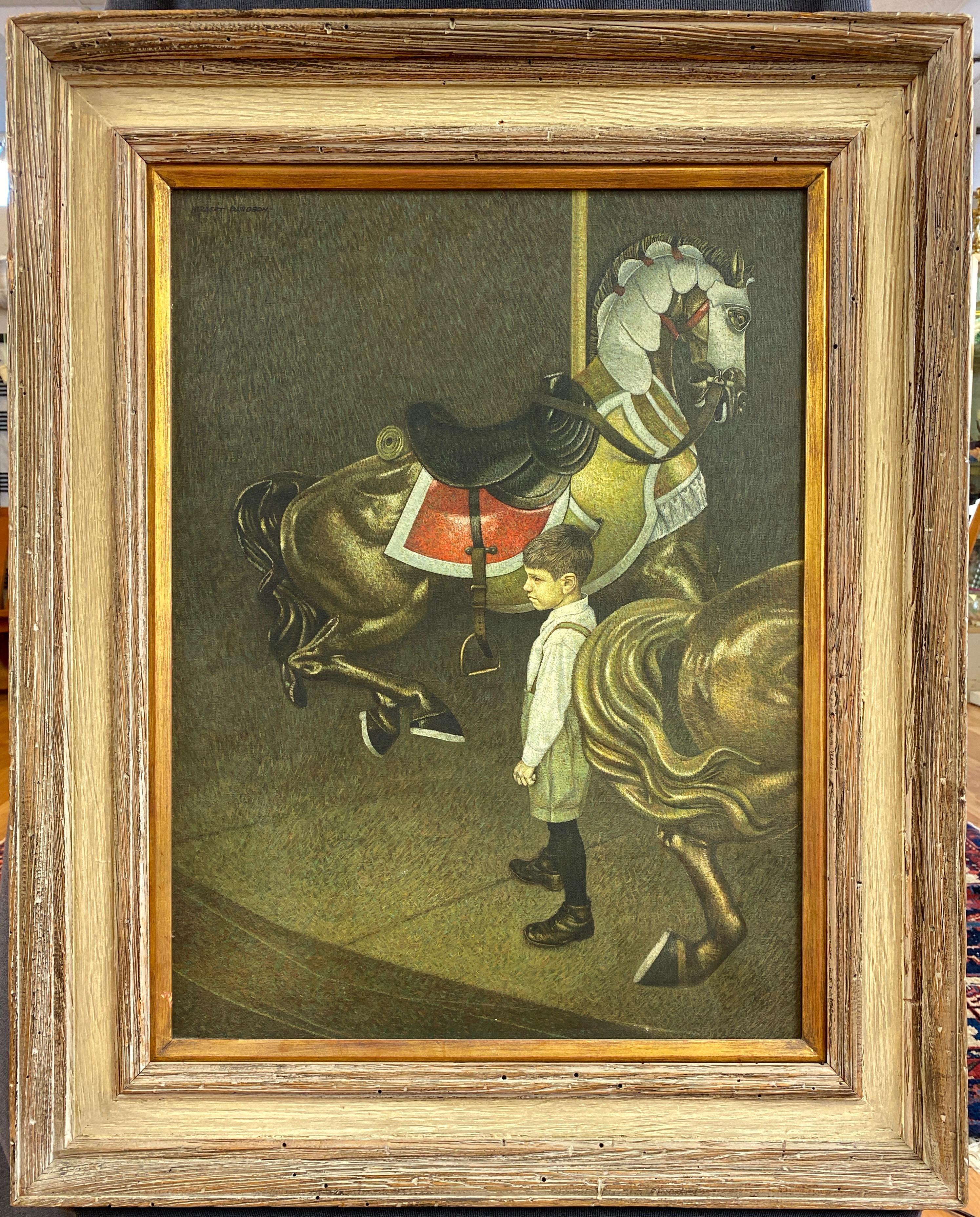 Une poignante peinture à l'huile sur toile des années 1960 représentant un jeune garçon sur un carrousel stationnaire par l'important artiste américain du milieu du siècle Herbert Laurence Davidson (né en 1930-2018).

Un portrait sensible