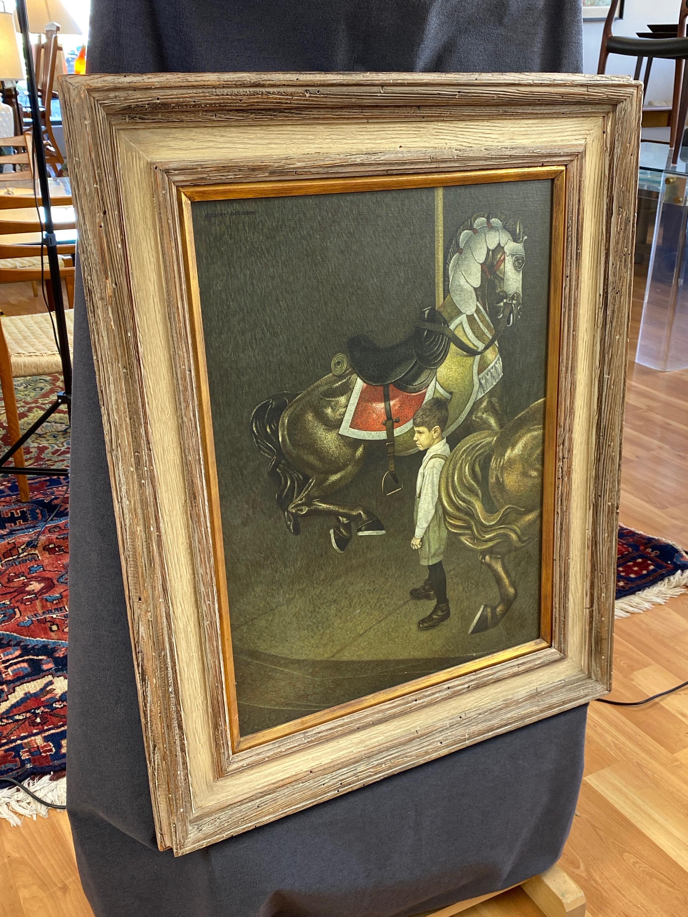 Giltwood Herbert Laurence Davidson “Young Boy on Carousel”, Oil Painting, 1960s For Sale