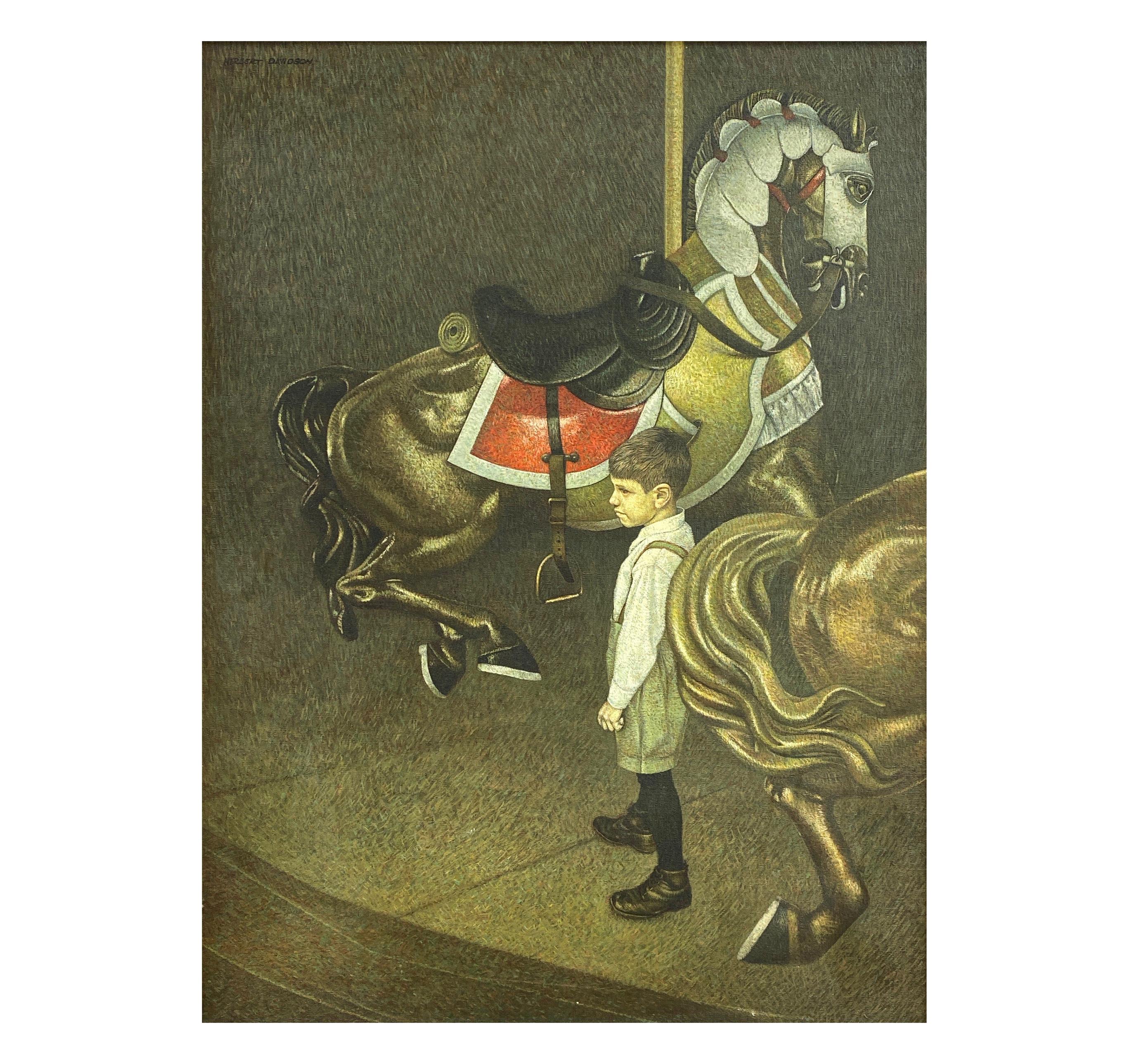 Peinture à l'huile « Jeune garçon sur un chariot » de Herbert Laurence Davidson:: années 1960