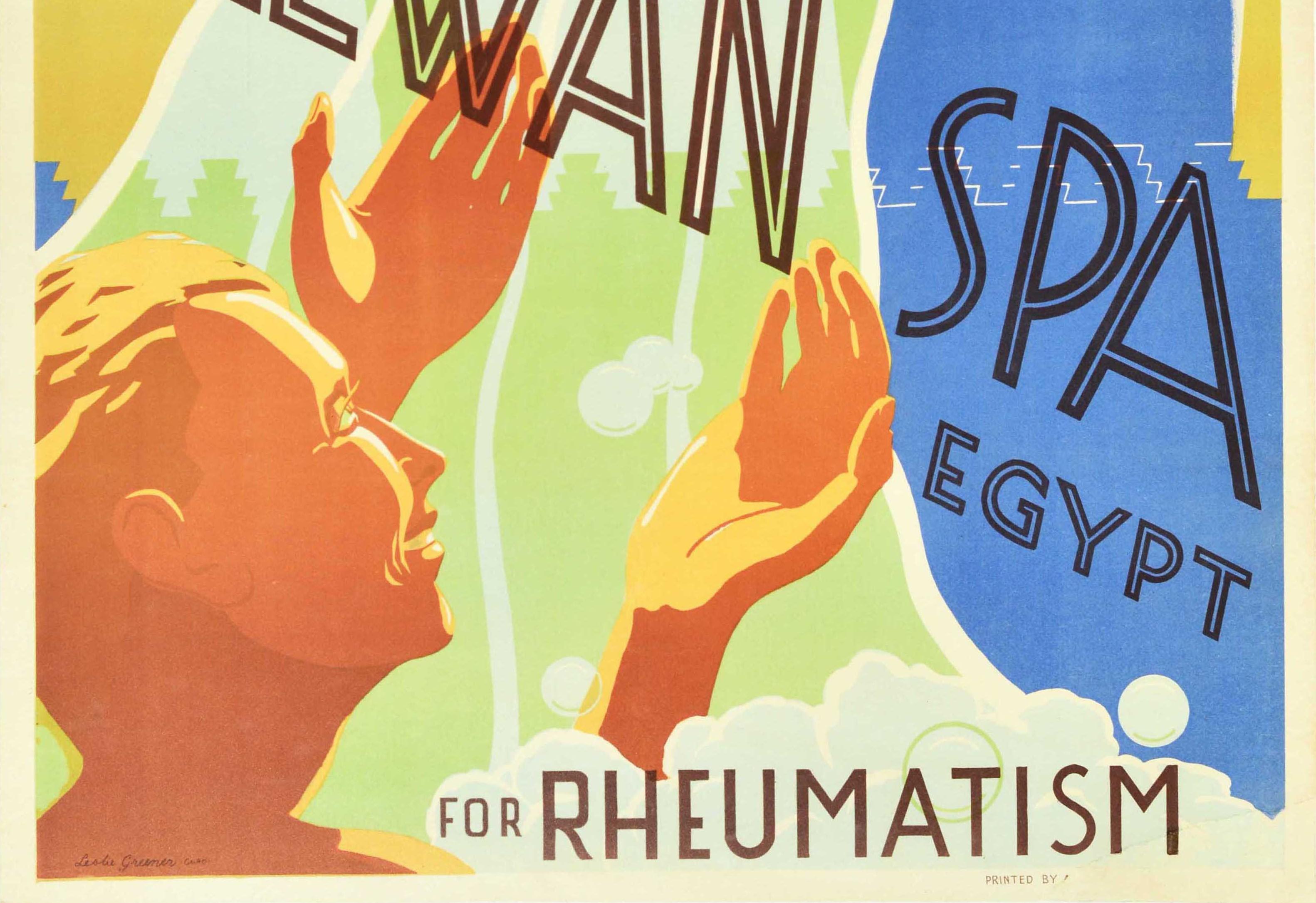 Original Antikes Original-Poster Helwan Spa Ägypten für Rheumatism Gesundheit Wasser Reise Kunst (Grün), Print, von Herbert Leslie Greener