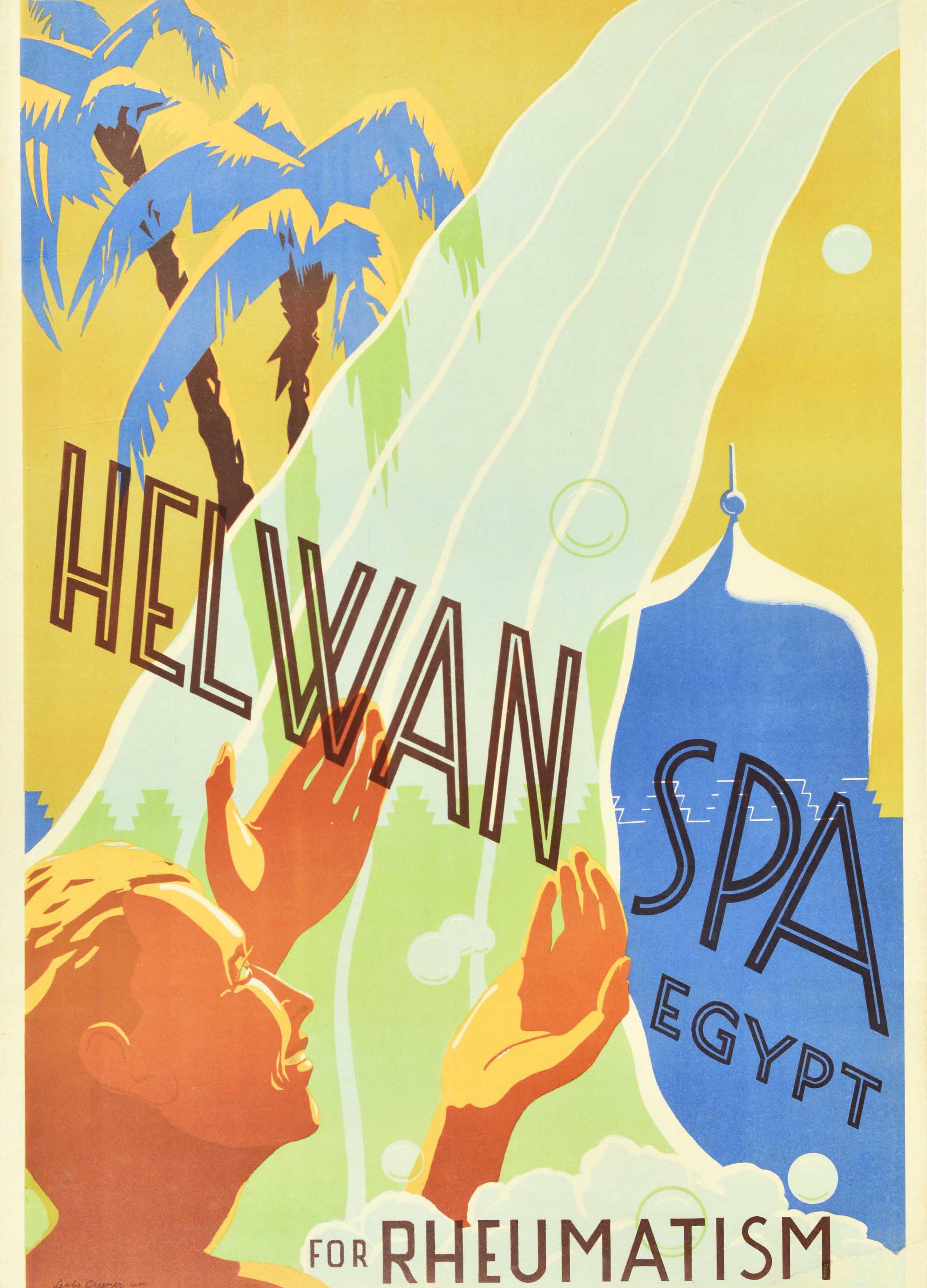 Original antique health travel poster advertising Helwan Spa Egypt for Rheumatism featuring a colourful and bright design by Herbert Leslie Greener (1900-1974) of a smiling person standing under a waterfall of the healing sulphur springs with palm