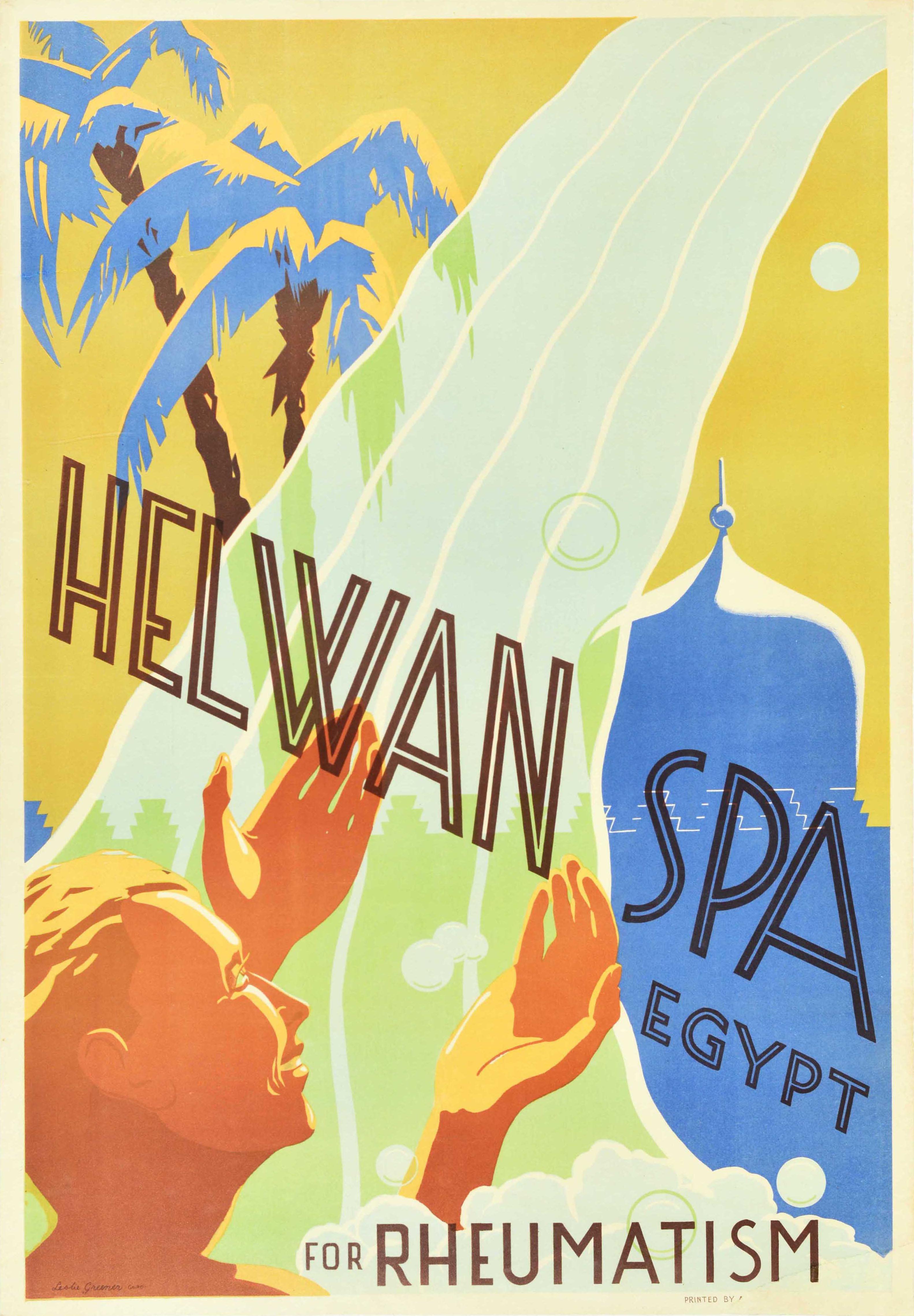 Herbert Leslie Greener Print – Original Antikes Original-Poster Helwan Spa Ägypten für Rheumatism Gesundheit Wasser Reise Kunst