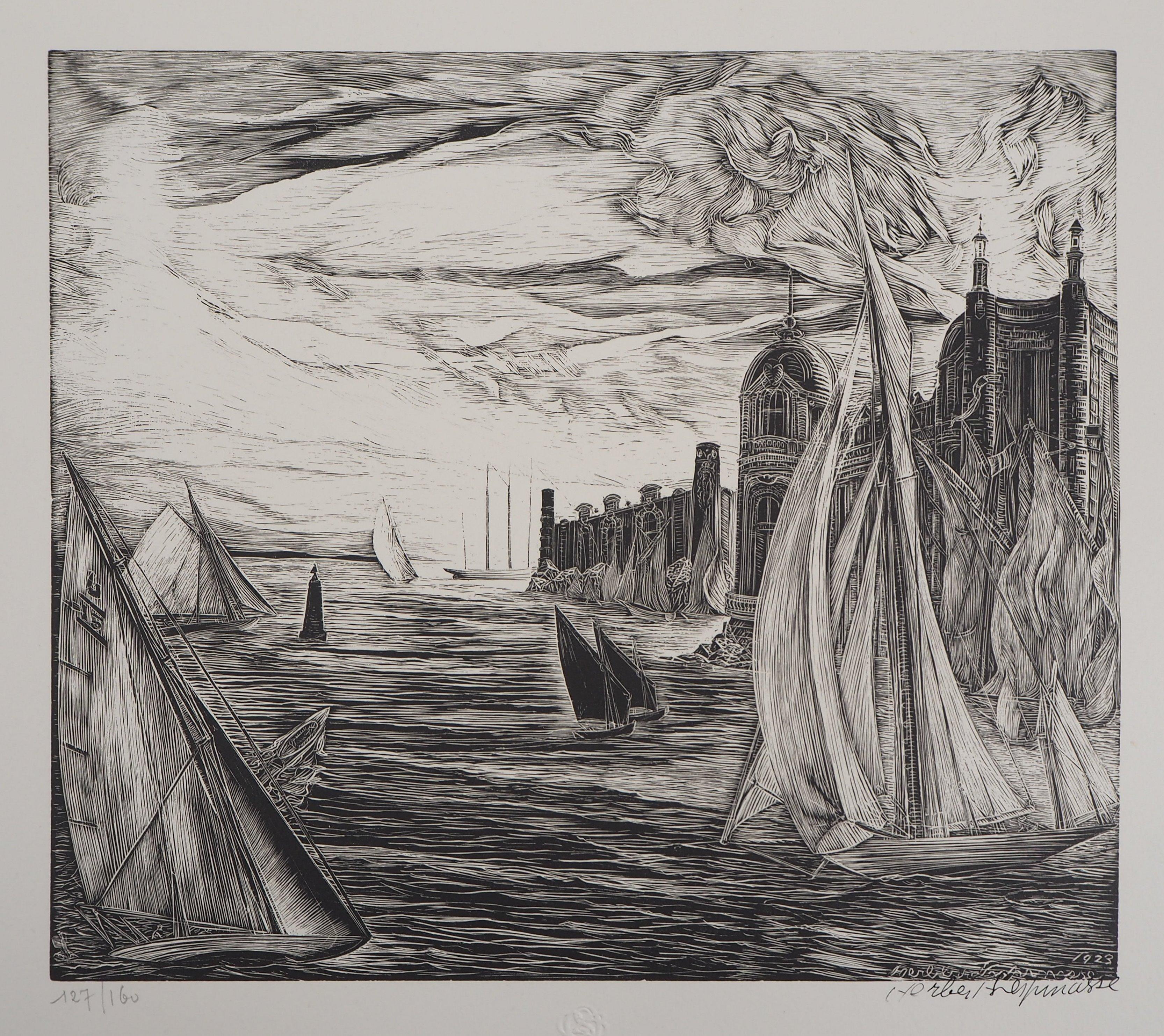 Paesaggio marino: Castel e barche a vela - Ritaglio di legno originale, firmato a mano - Print di Herbert Lespinasse