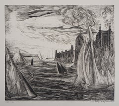 Seascape : Castel and Sailboats - Original Wooodcut, Handsigned