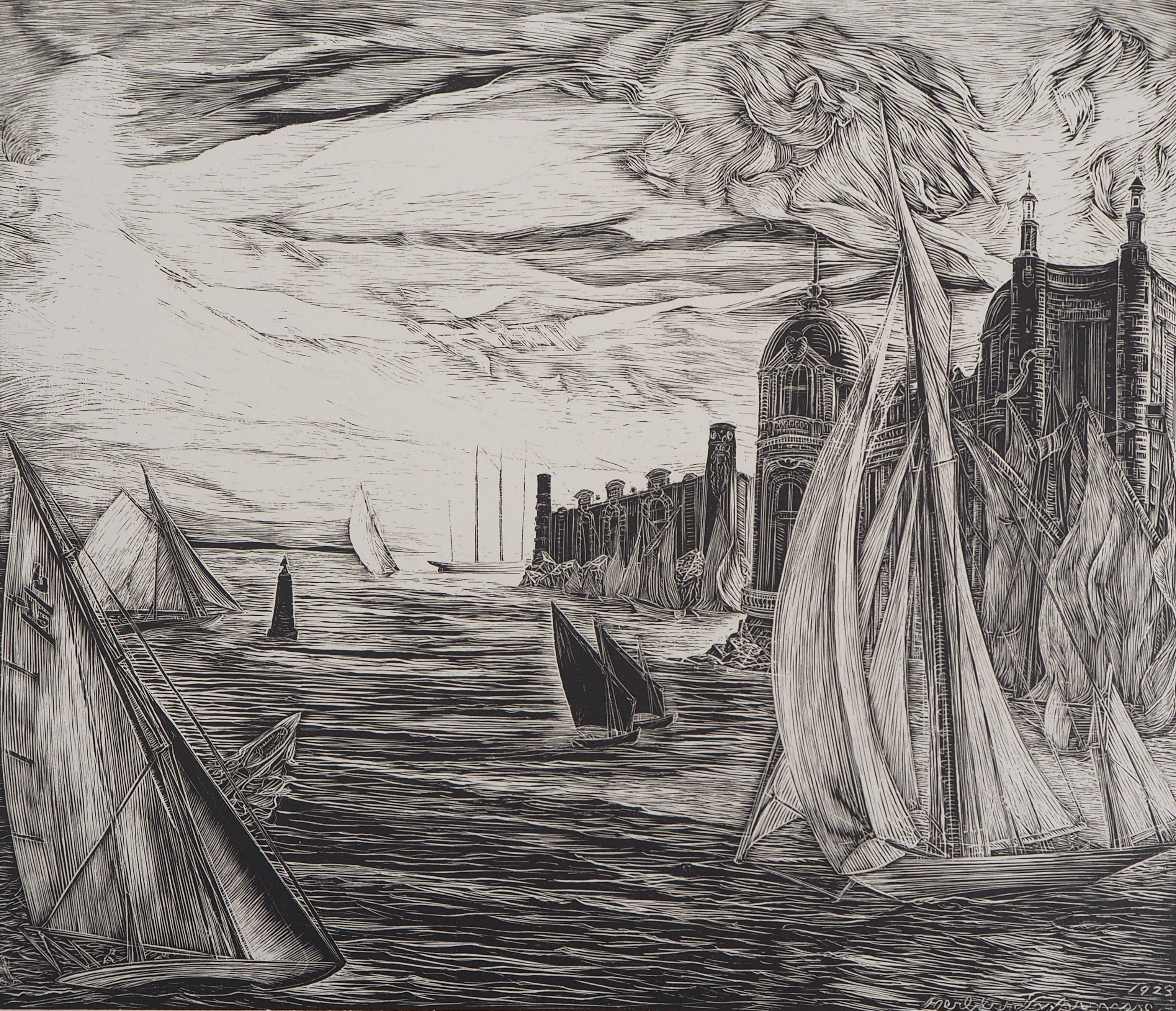 Paesaggio marino: Castel e barche a vela - Ritaglio di legno originale, firmato a mano - Print Moderno di Herbert Lespinasse