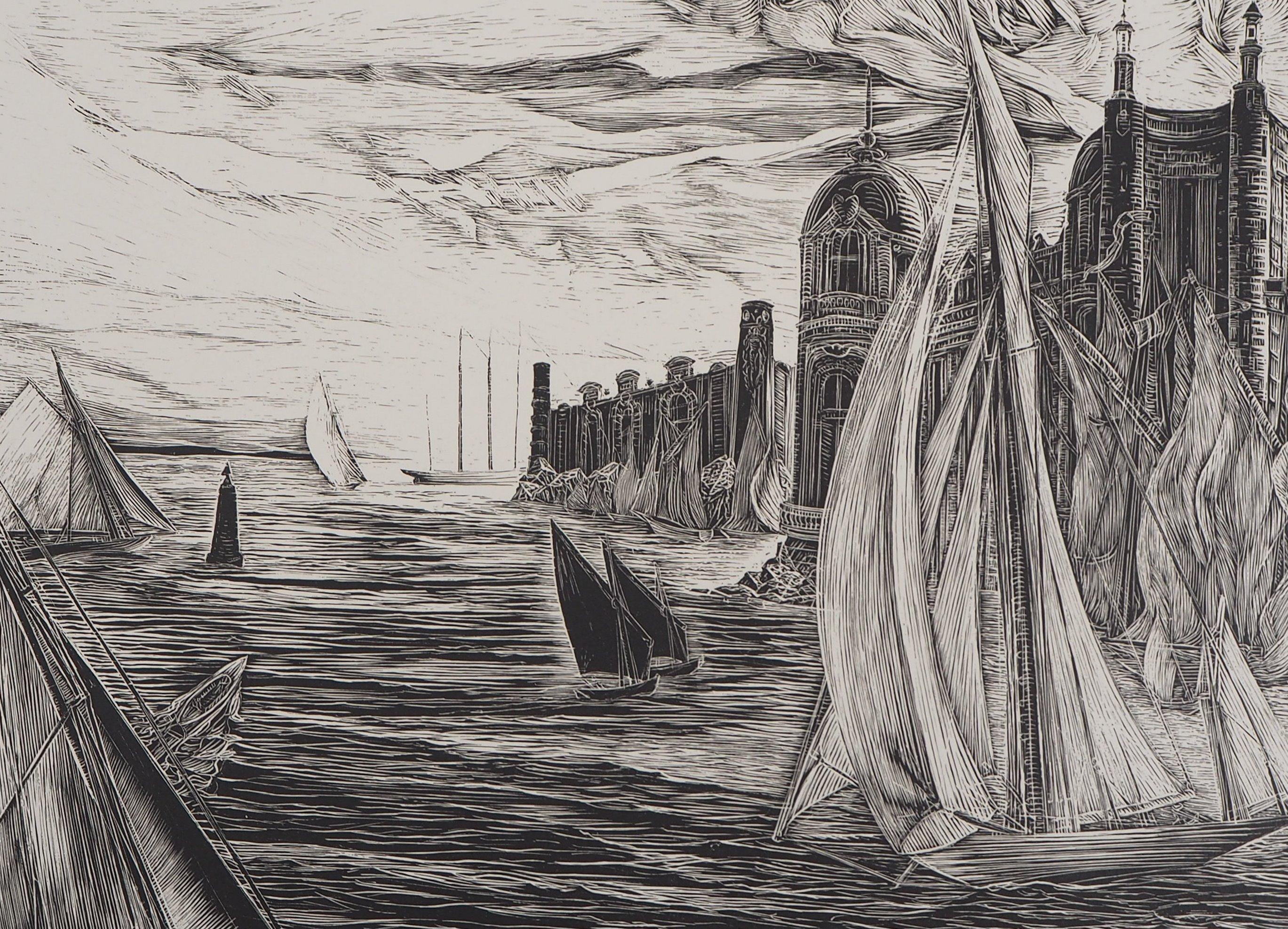 Paesaggio marino: Castel e barche a vela - Ritaglio di legno originale, firmato a mano - Landscape Print Grigio di Herbert Lespinasse