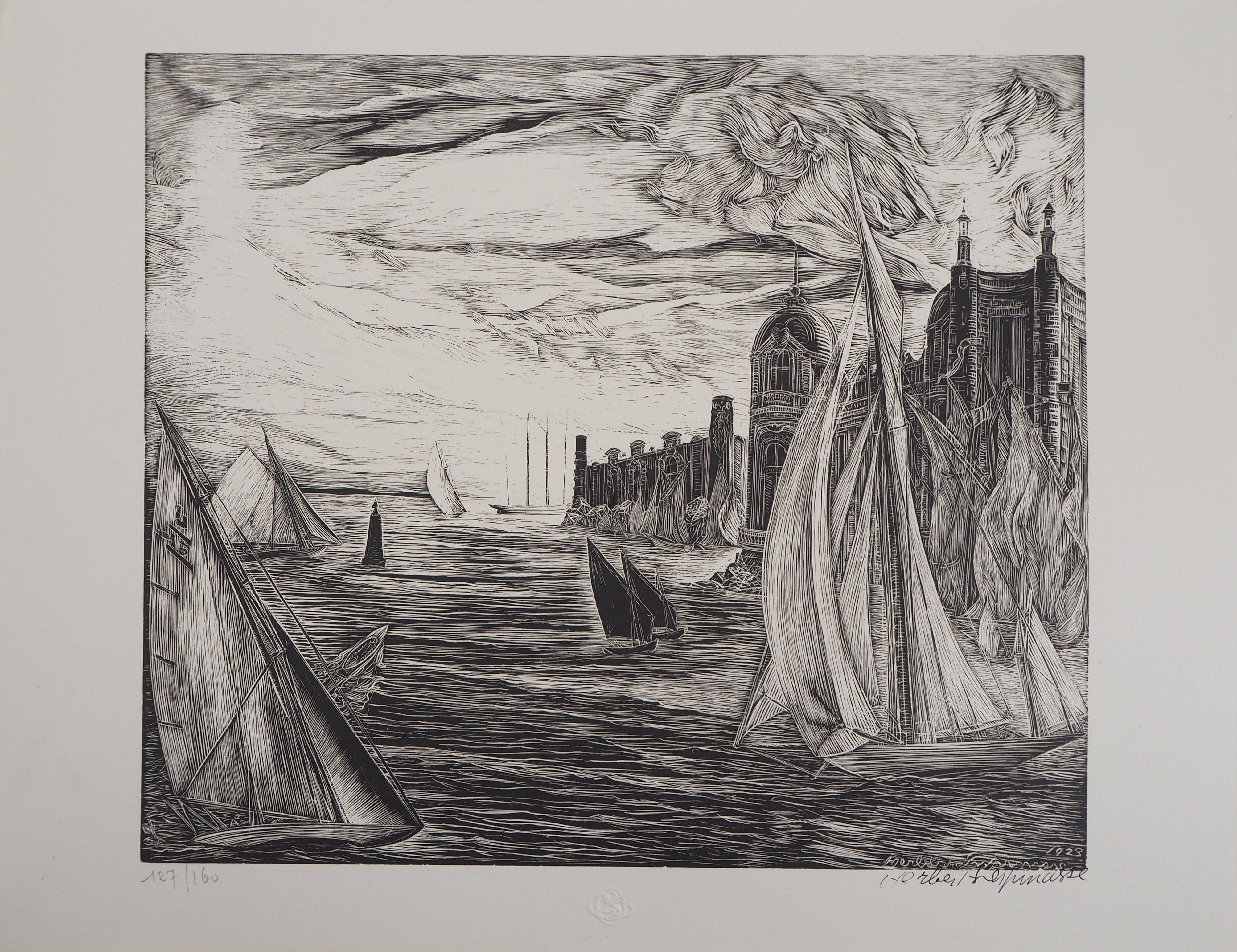 Landscape Print di Herbert Lespinasse - Paesaggio marino: Castel e barche a vela - Ritaglio di legno originale, firmato a mano