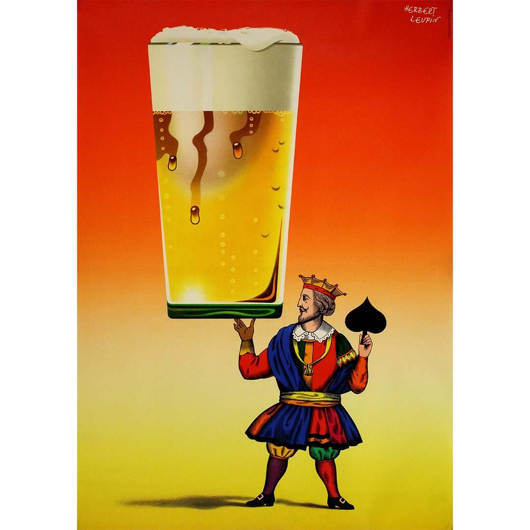 L'affiche publicitaire originale d'Herbert Leupin pour la bière suisse, datant de 1953, est la quintessence de l'artisanat et de la culture suisses. Réalisée avec une attention méticuleuse aux détails, cette affiche emblématique capture l'essence de