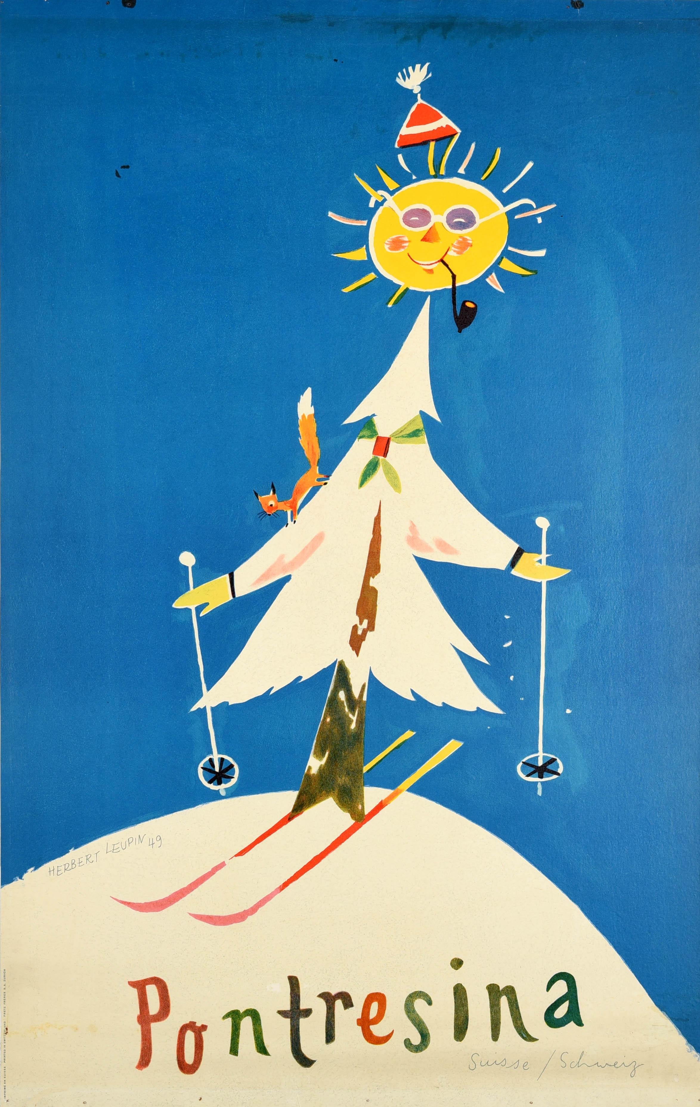 Print Herbert Leupin - Affiche vintage d'origine de sports d'hiver vintage pour les stations de ski de Pontresina en Suisse, Leupin