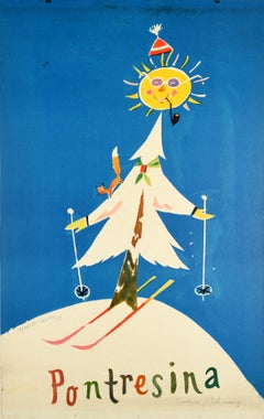 Affiche vintage d'origine de sports d'hiver vintage pour les stations de ski de Pontresina en Suisse, Leupin