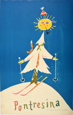Original Vintage Winter Sport Skiing Poster By Leupin For Pontresina Switzerland