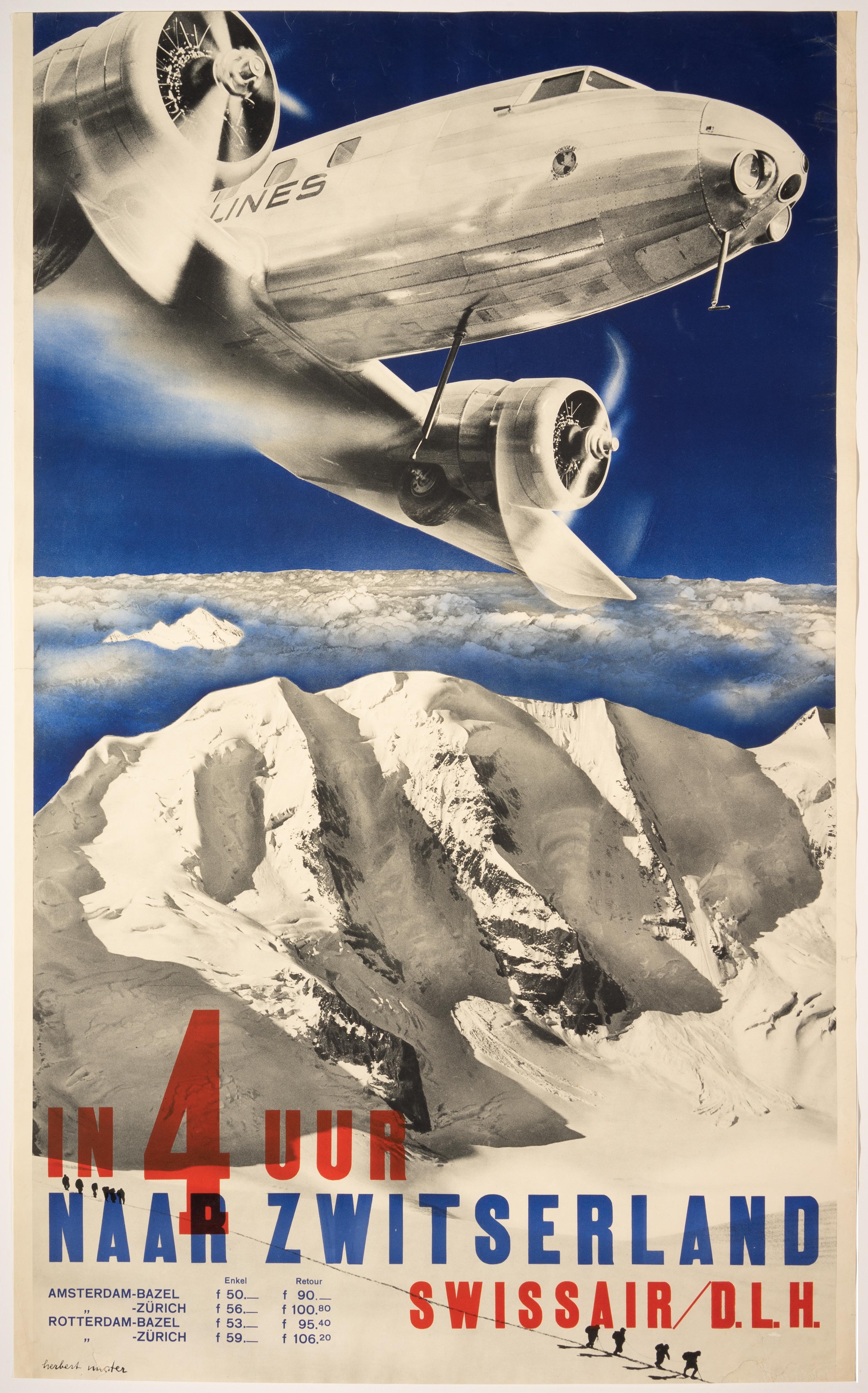 Herbert Matter Figurative Print - By Swissair to Amsterdam & Rotterdam – Original Swiss Vintage Airline Poster