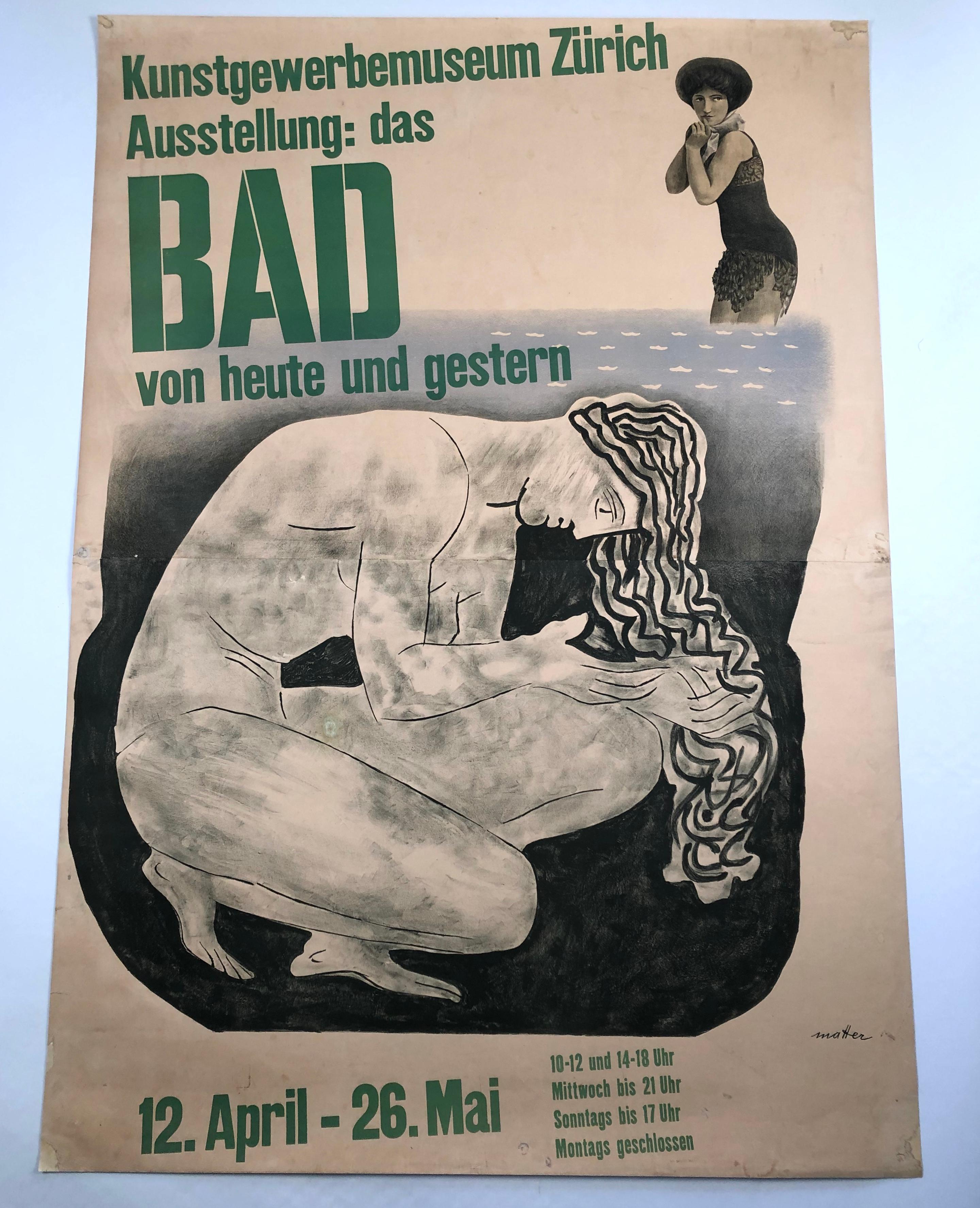 A large, original vintage Swiss exhibition poster by celebrated graphic designer, Herbert Matter, for an exhibition at the Museum of Art & Craft in Zurich, entitled (translated to English): The History of Bathing: From Yesterday to Today.
This
