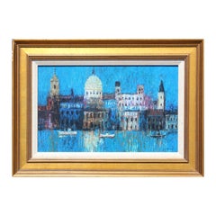 "Night Reflections", Peinture de paysage abstrait bleu abstrait représentant une scène du Grand Canal de Venise