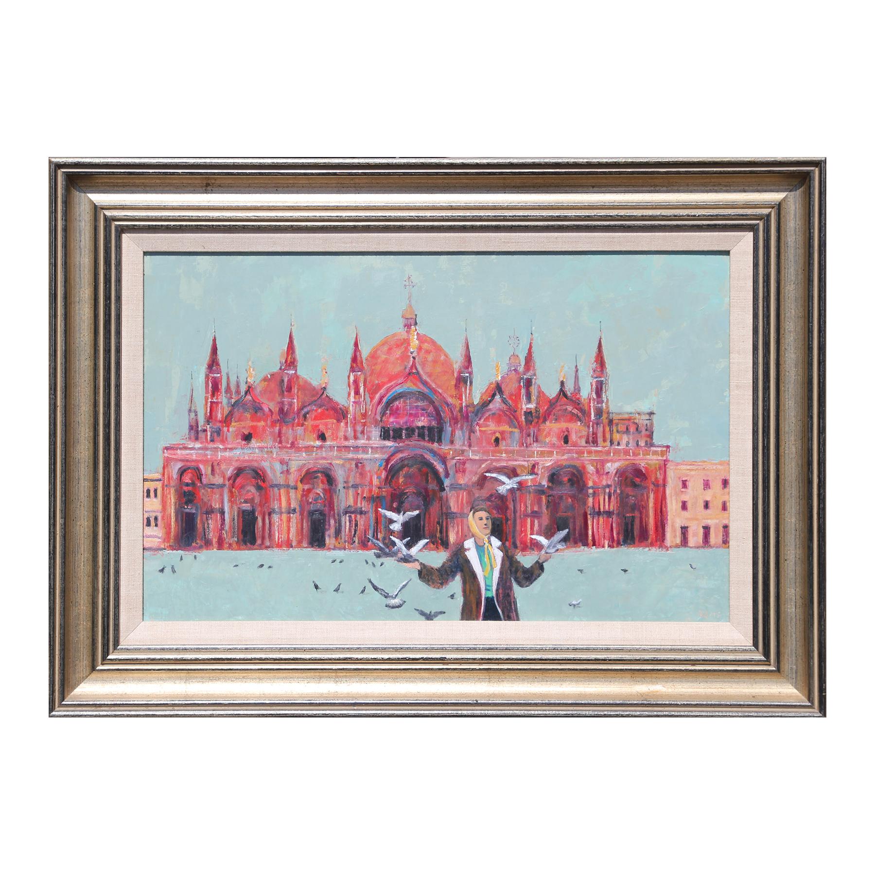Abstract painting of "Woman with Birds at St. Marks Square" Basilica in Venice by Texas artist, Herbert Mears. The painting incorporates red/coral and light blue tones. Signed by the artist in the bottom right corner and is displayed in an antique