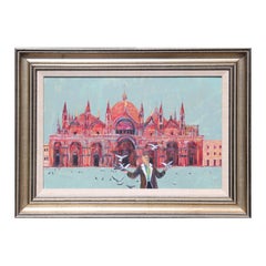 "Woman with Birds at St. Mark’s Square" Basilica Venice Landscape Painting