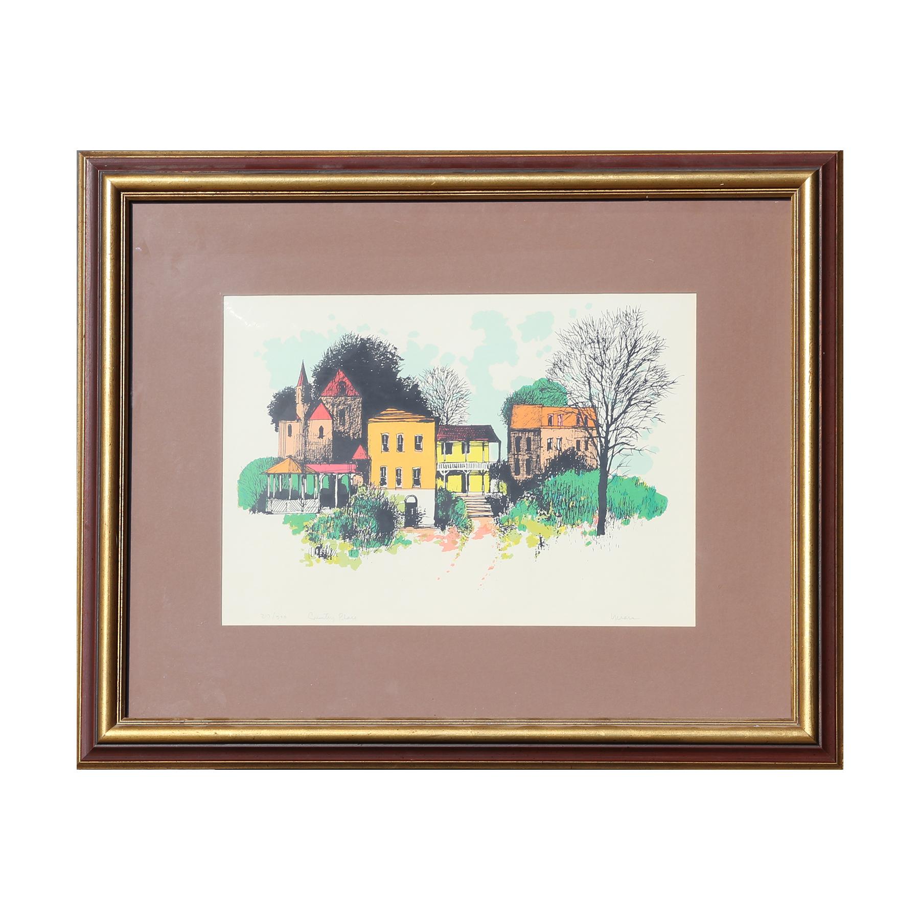Herbert Mears Abstract Print - "Country Place" Colorful Modern Landscape of Houses Lithograph Edition 217/300
