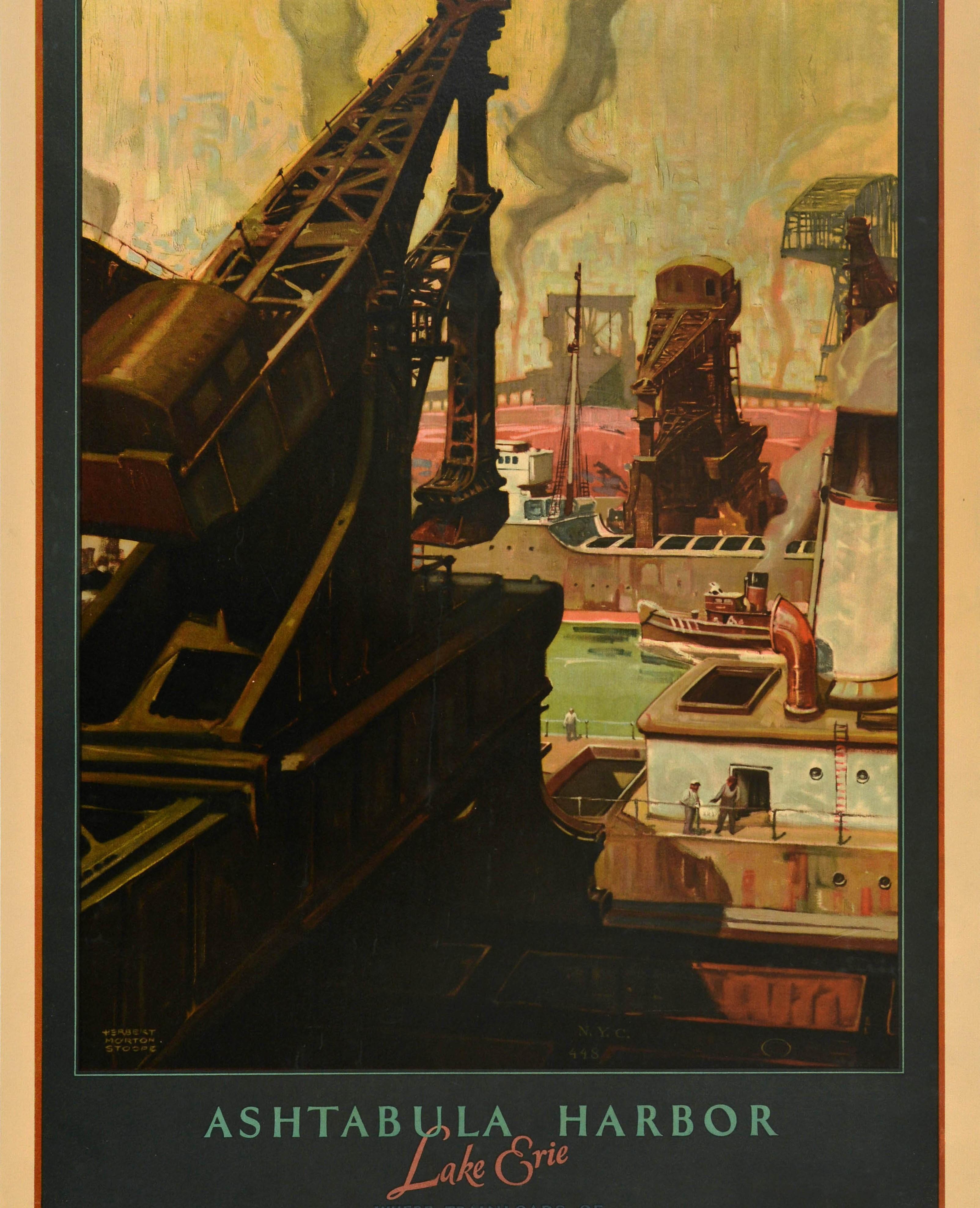 Original vintage rail transport advertising poster - Ashtabula Harbor Lake Erie where trainloads of Appalachian coal are exchanged for cargoes of Northern iron ore New York Central Lines - featuring an industrial design by Herbert Morton Stoope