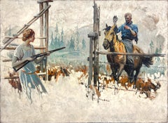 Western Scene Woman Points Gun Man on Horseback