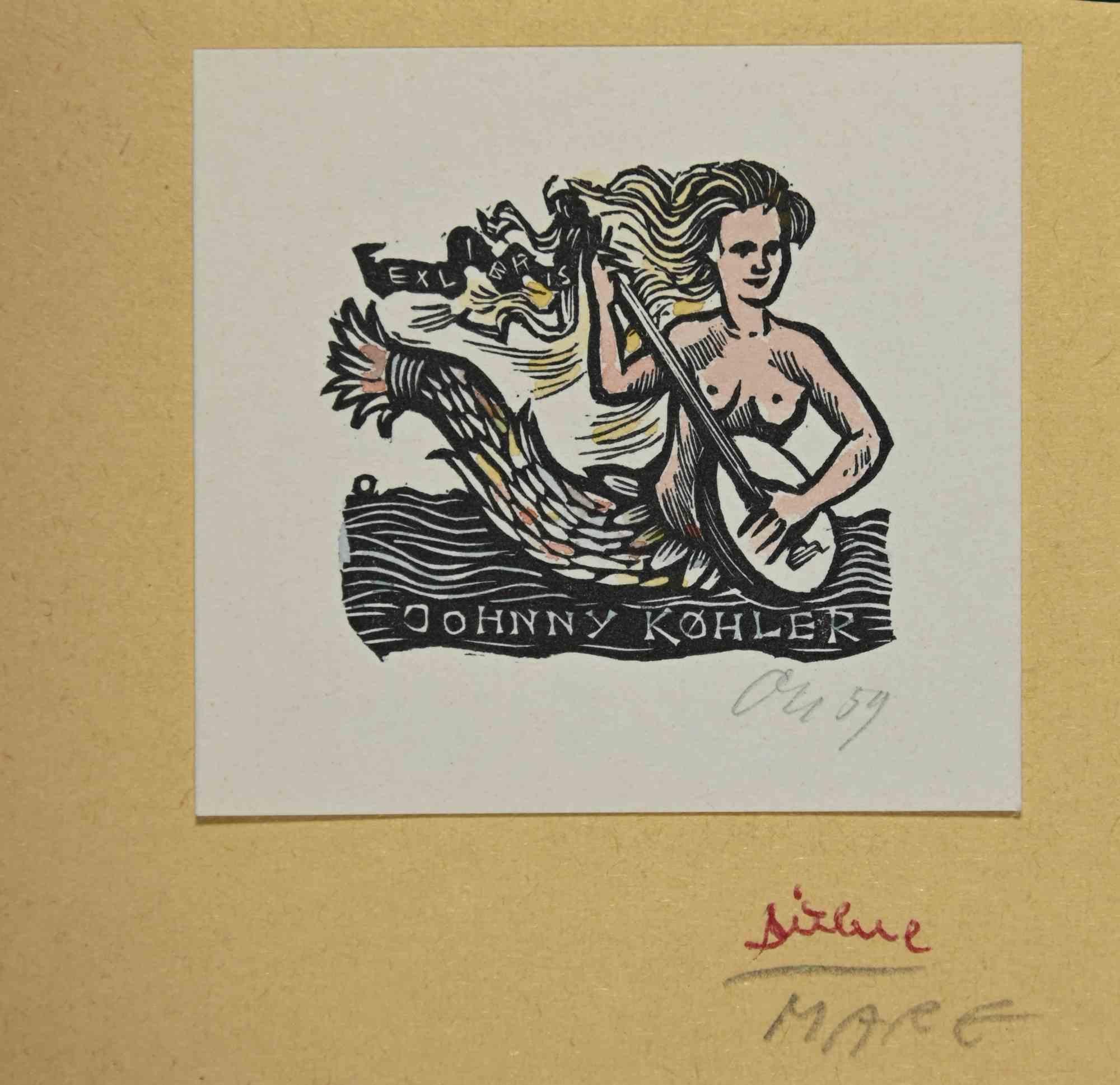 Ex-Libris - Johnny Køhler is an Artwork realized in 1959, by the Artist Herbert Ott, from Germany.

Woodcut on paper. Hand Signed and dated on the right margin.

The work is glued on colored  cardboard. Total dimensions: 9 x 9.5 cm.

Good