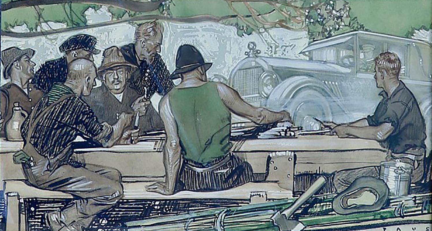 Herbert Paus Figurative Painting - Men Admiring Car