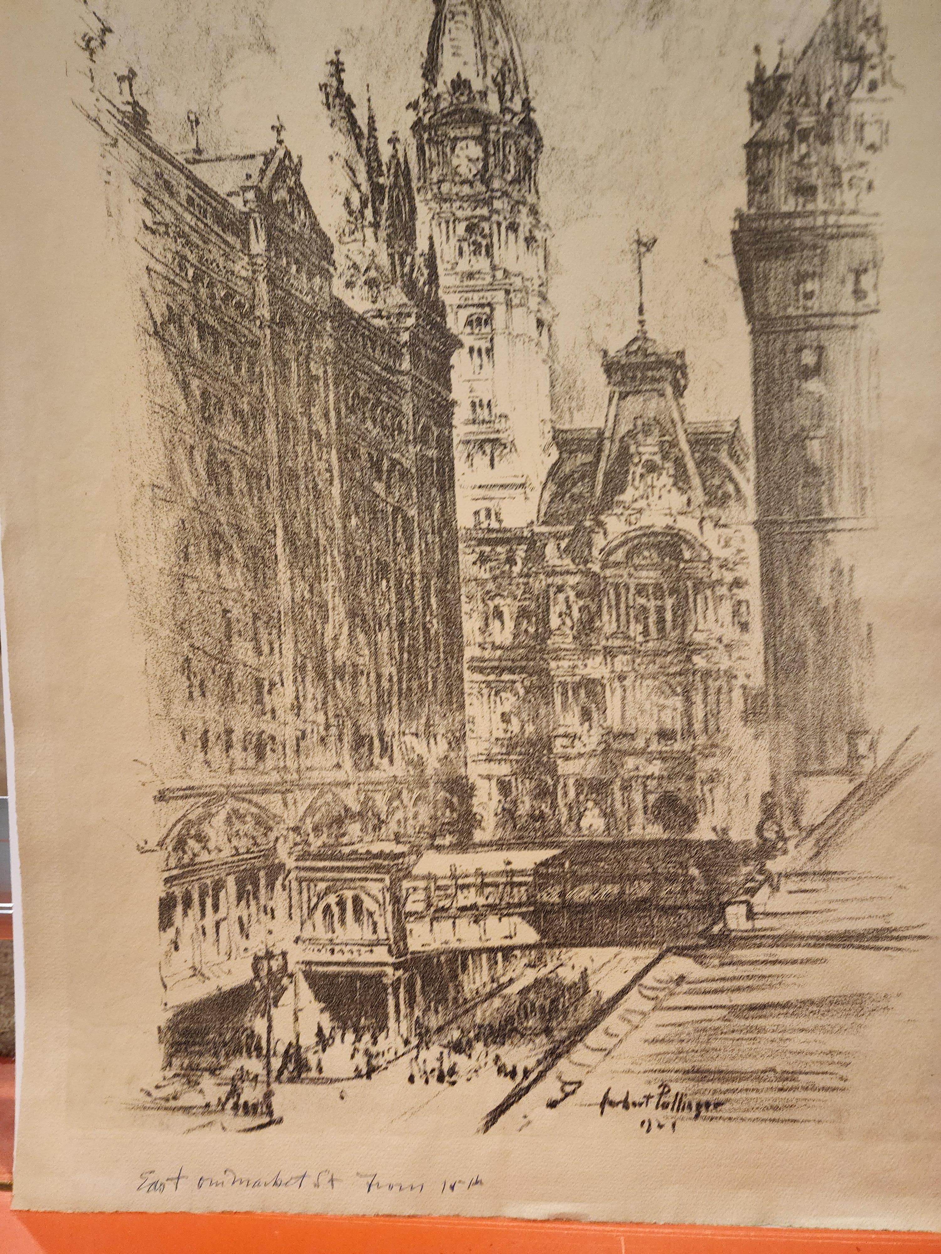 Eine monumentale Ansicht von Philadelphia von Herbert Pullinger.
In der Platte signiert und datiert 1921.
Der Titel ist in Tinte unter dem Bild vermerkt 