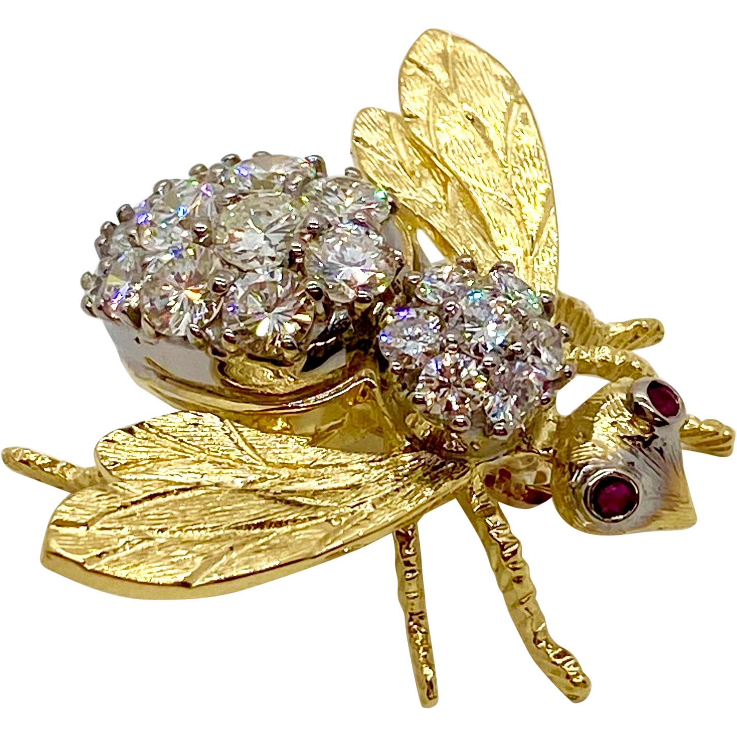Herbert Rosenthal 18 Karat Diamond and Ruby Bumble Bee Brooch Pin For Sale