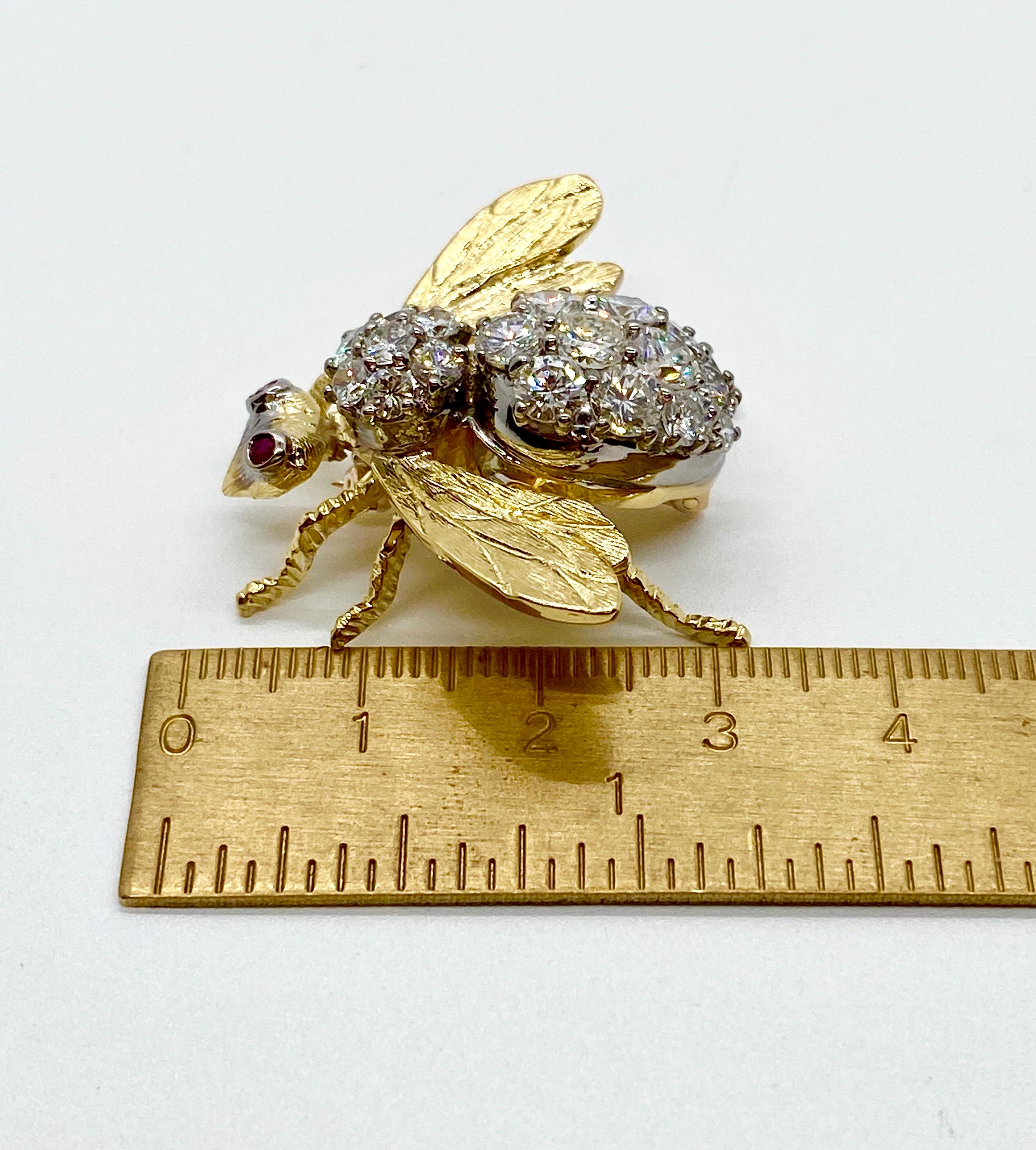 Round Cut Herbert Rosenthal 18 Karat Diamond and Ruby Bumble Bee Brooch Pin For Sale